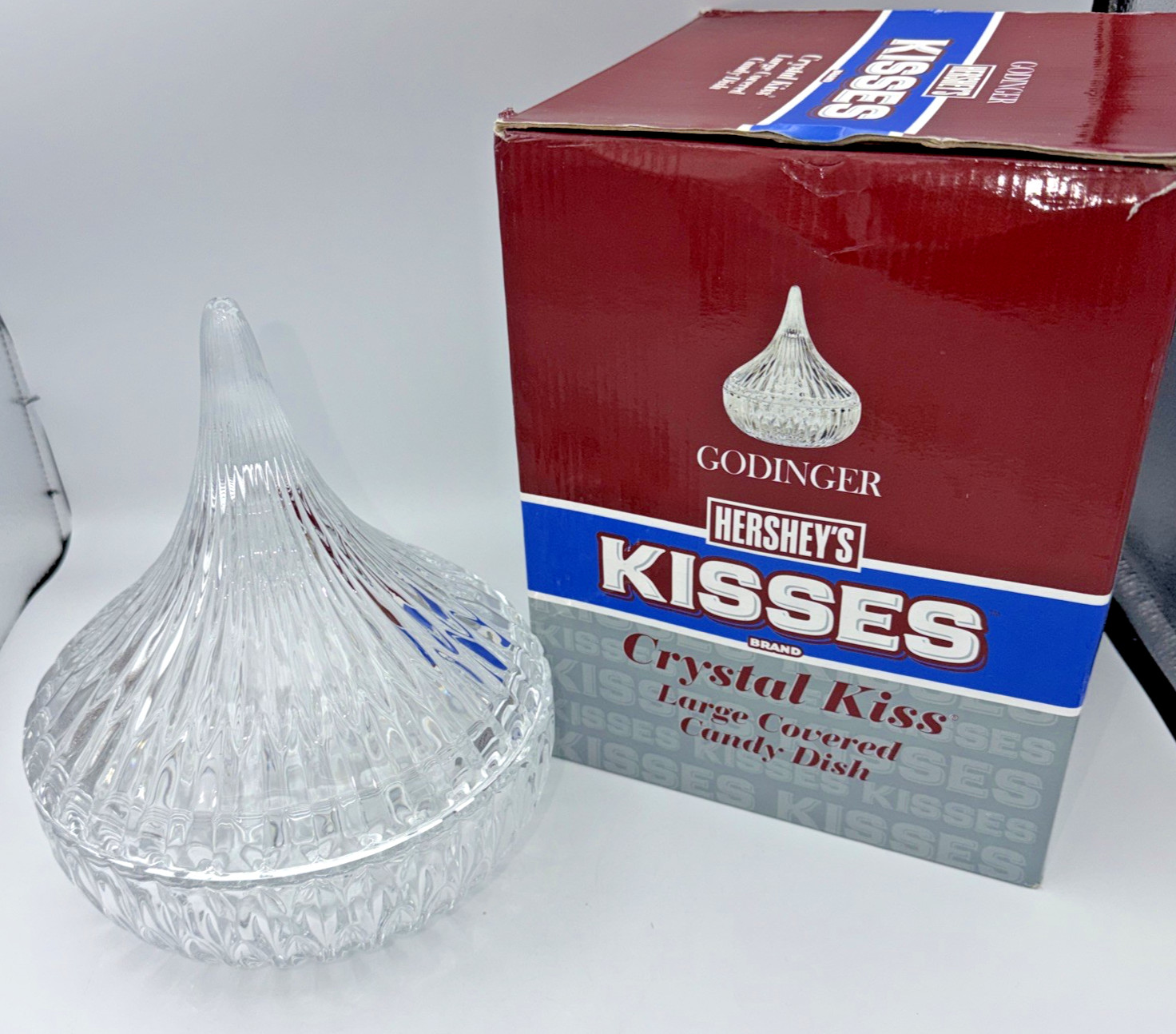 LARGE 9″ Hershey’s Kiss Crystal Covered Candy Dish Godinger Kisses Box HTF