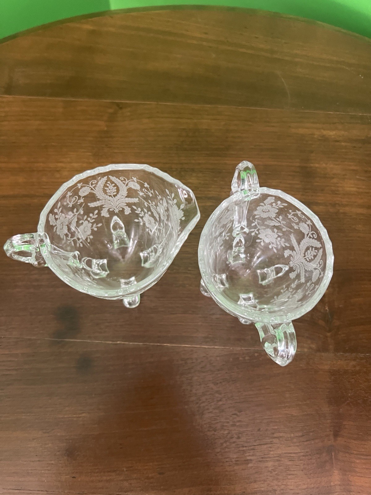 Clear Glass Etched Patterns Creamer & Sugar Set with Handles, Elegant Pressed