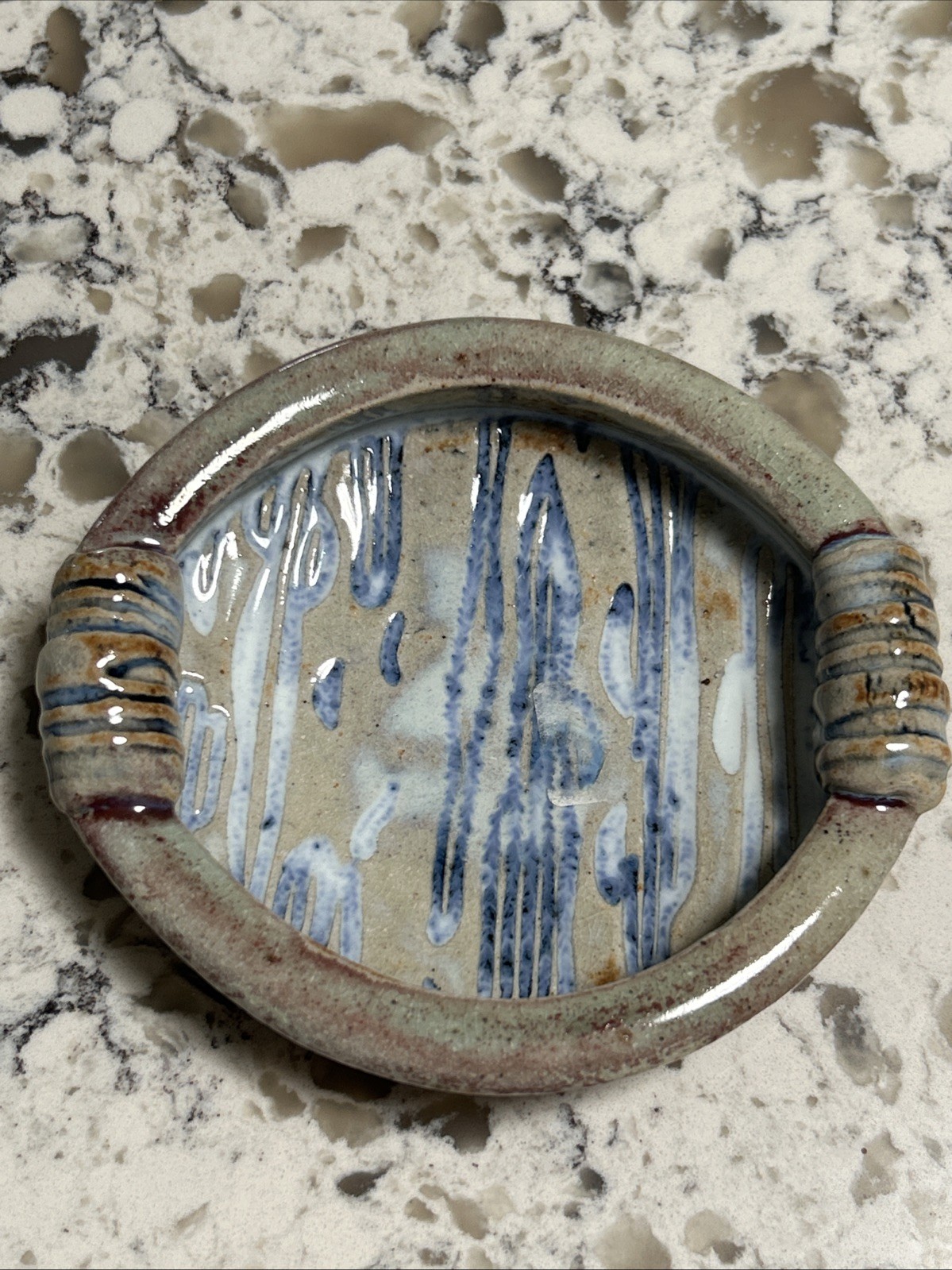 Art Pottery Bowl 5 7/8″x4 1/2”Oval Rich Blue Glaze Embossed Signed One of a Kind