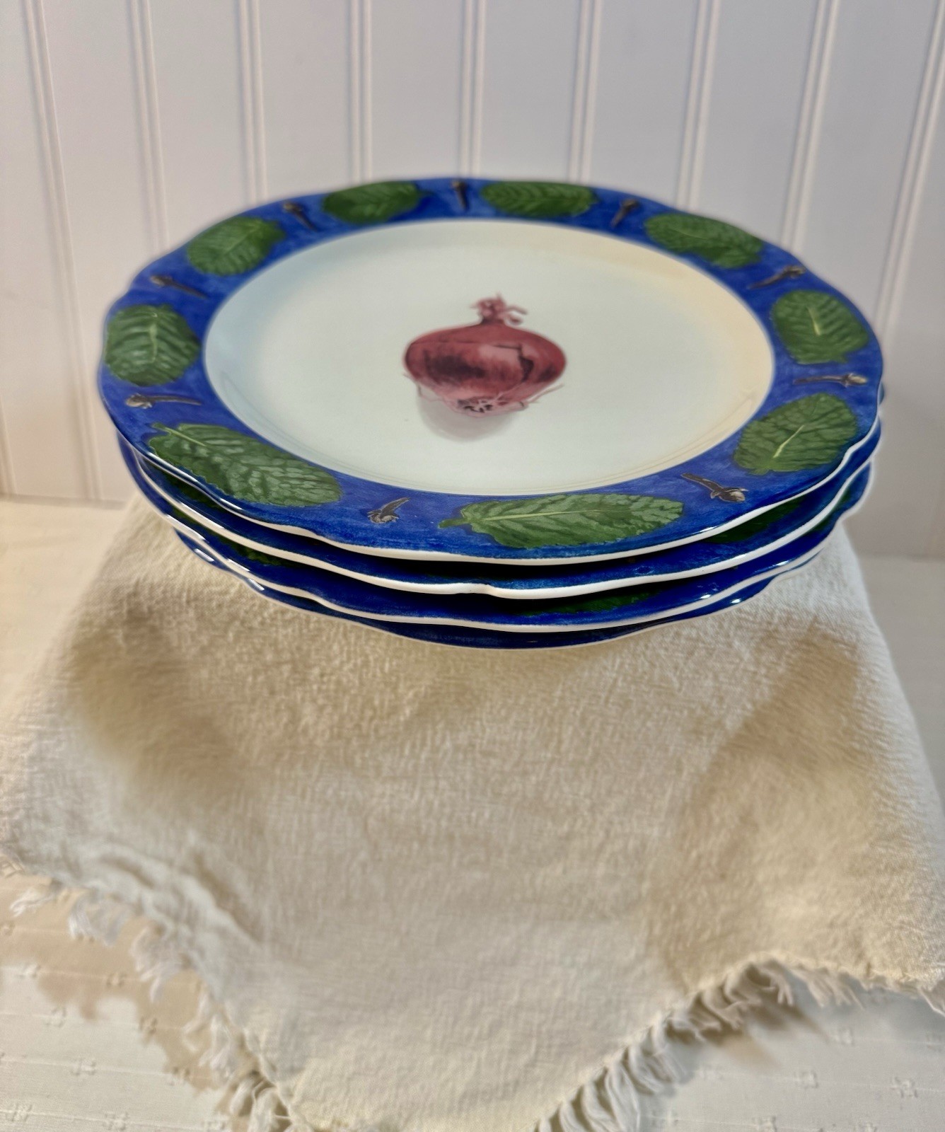 Poivre Et Sel Blue Vint. Set of 4 Salad Plates 8.75″ Faiencerie De Gien France