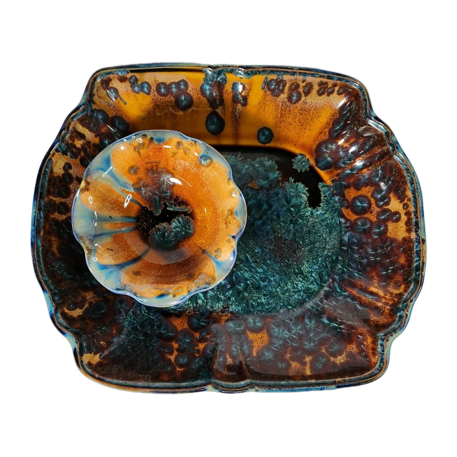 Vintage Studio Pottery Deep Amber & Teal Crystalline Glaze Ceramic Platter