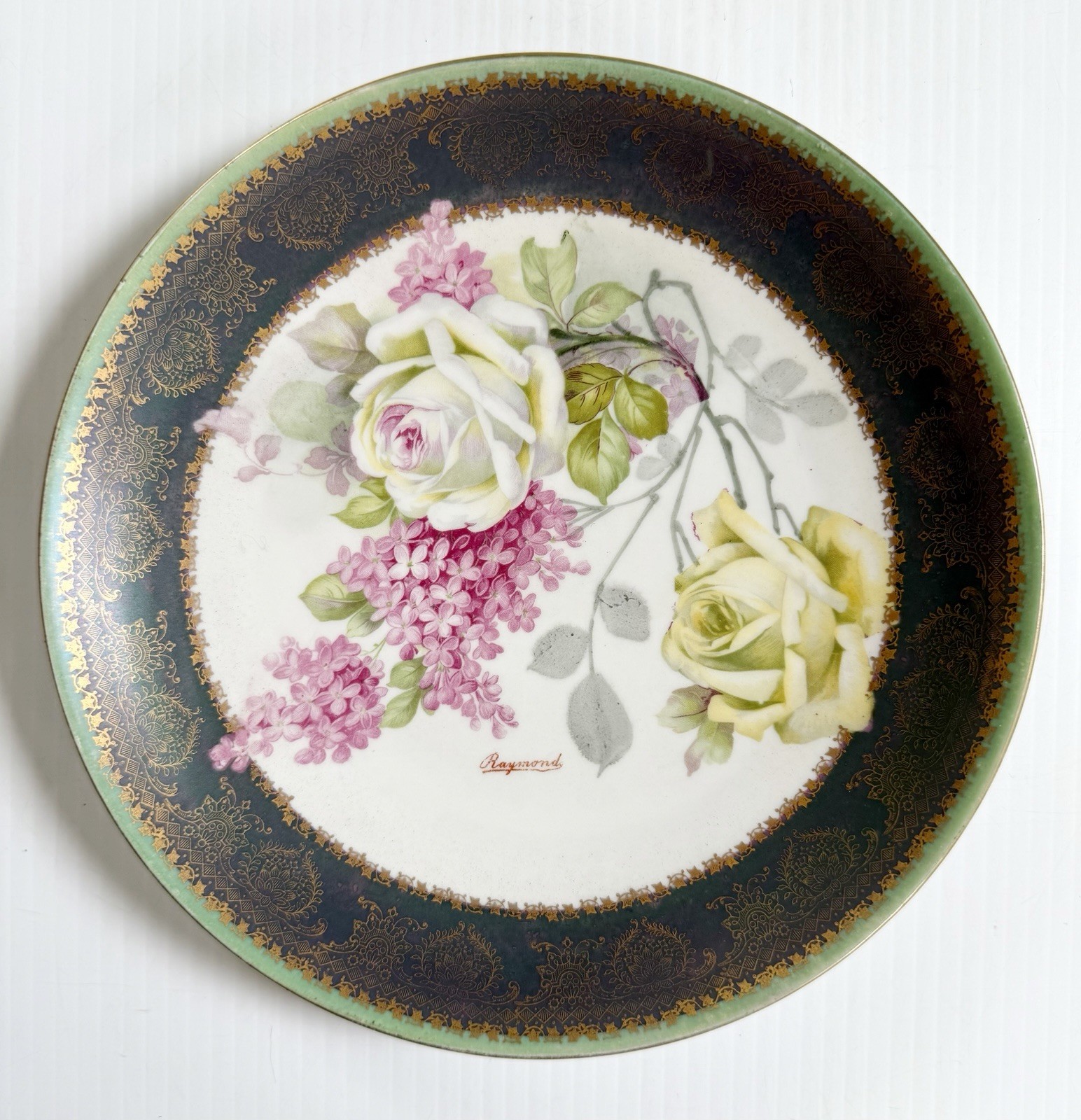 Vintage MC CO Painted Plate Roses w/Dark Green & Gold Border, Signed Raymond