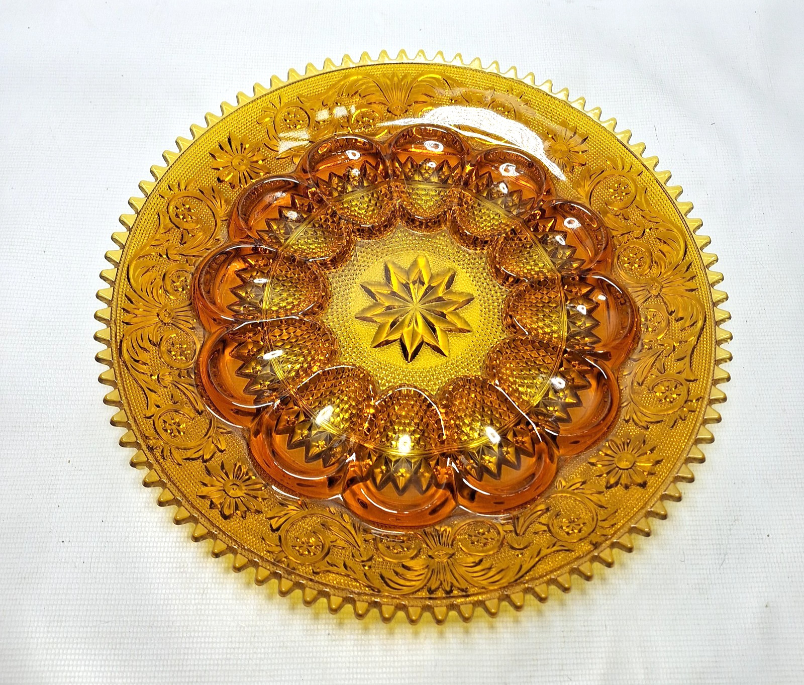 Amber Indiana Sandwich Sawtooth Edge Tiara Glass Devil Egg Plate Large 12″
