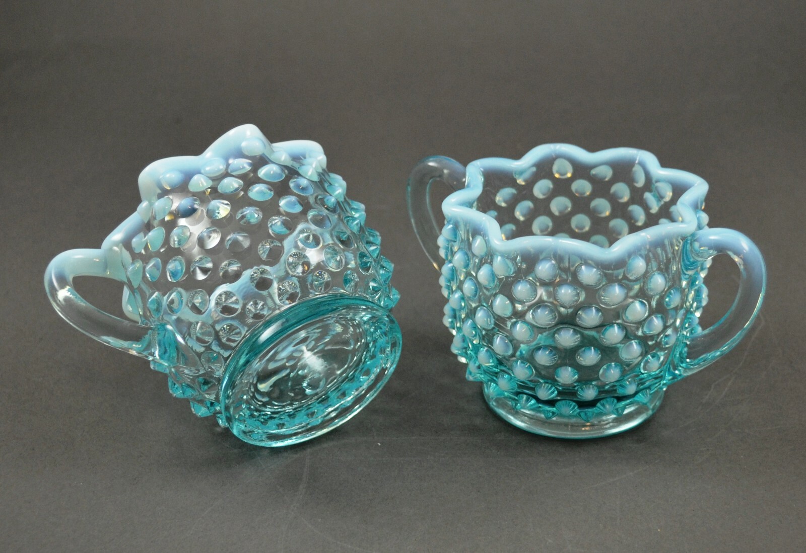 Fenton Hobnail Blue Opalescent Star Vintage Glass Creamer and Sugar