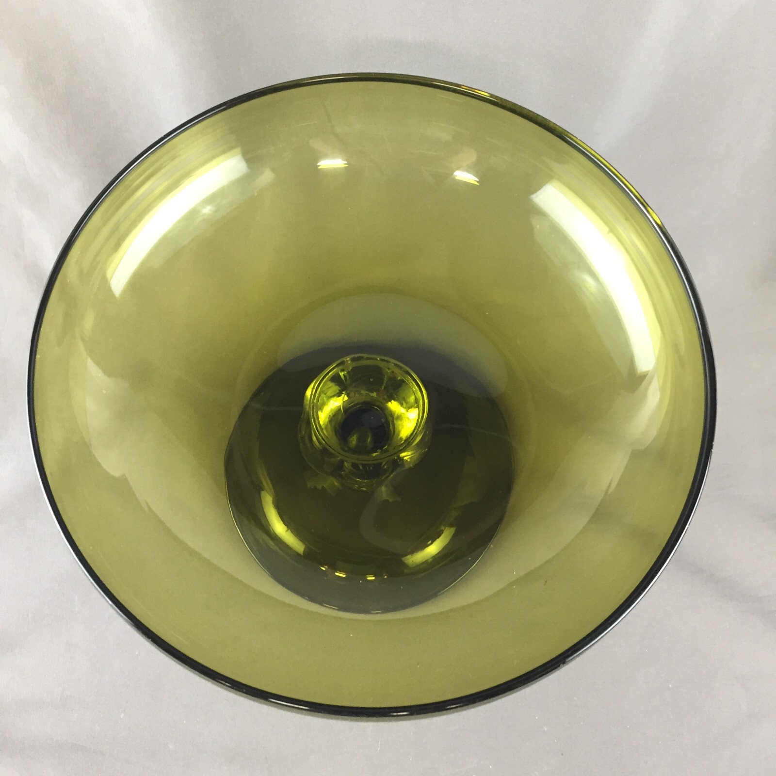 VTG Olive Green Footed Round Glass Compote Clear Stem 8 3/4″ Bowl, 7 1/2″ Tall