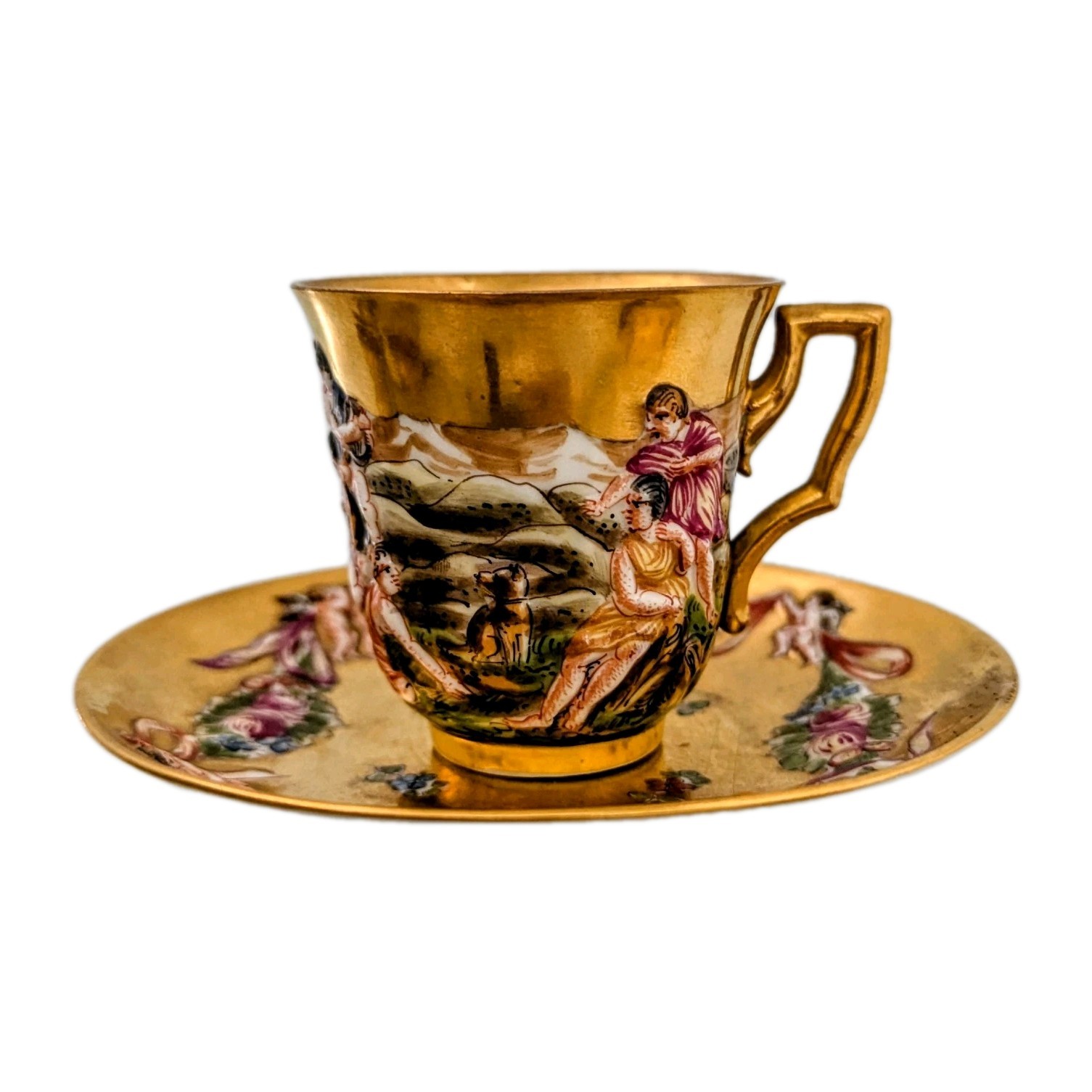 Antique 19th Century Gold Capodimonte Cherub Design Demitasse Cup Saucer N