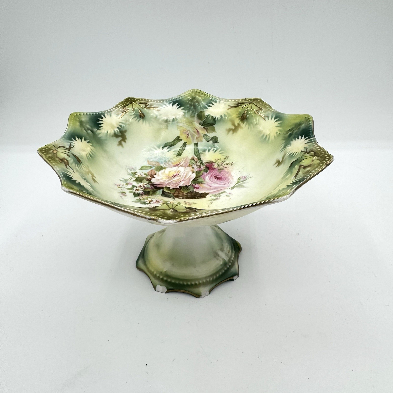 RS Prussia Pedestal Bowl Roses Green Pink Basket Gold Antique Porcelain- READ