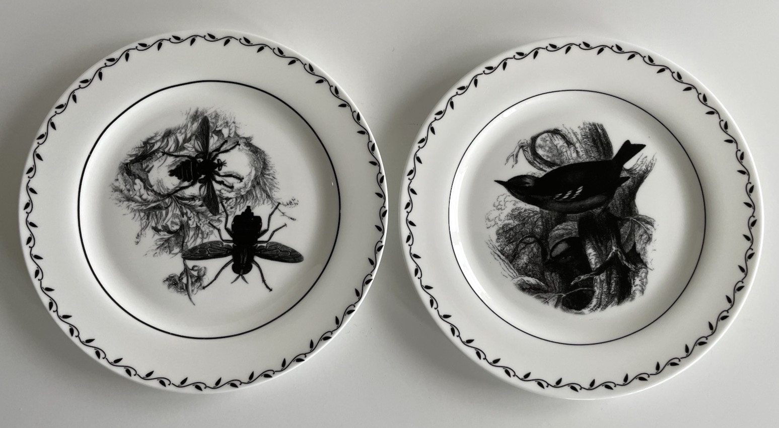 Mary Carol Lot of 4 Birds And Bees Black And White China Dessert Plates 7 7/8″