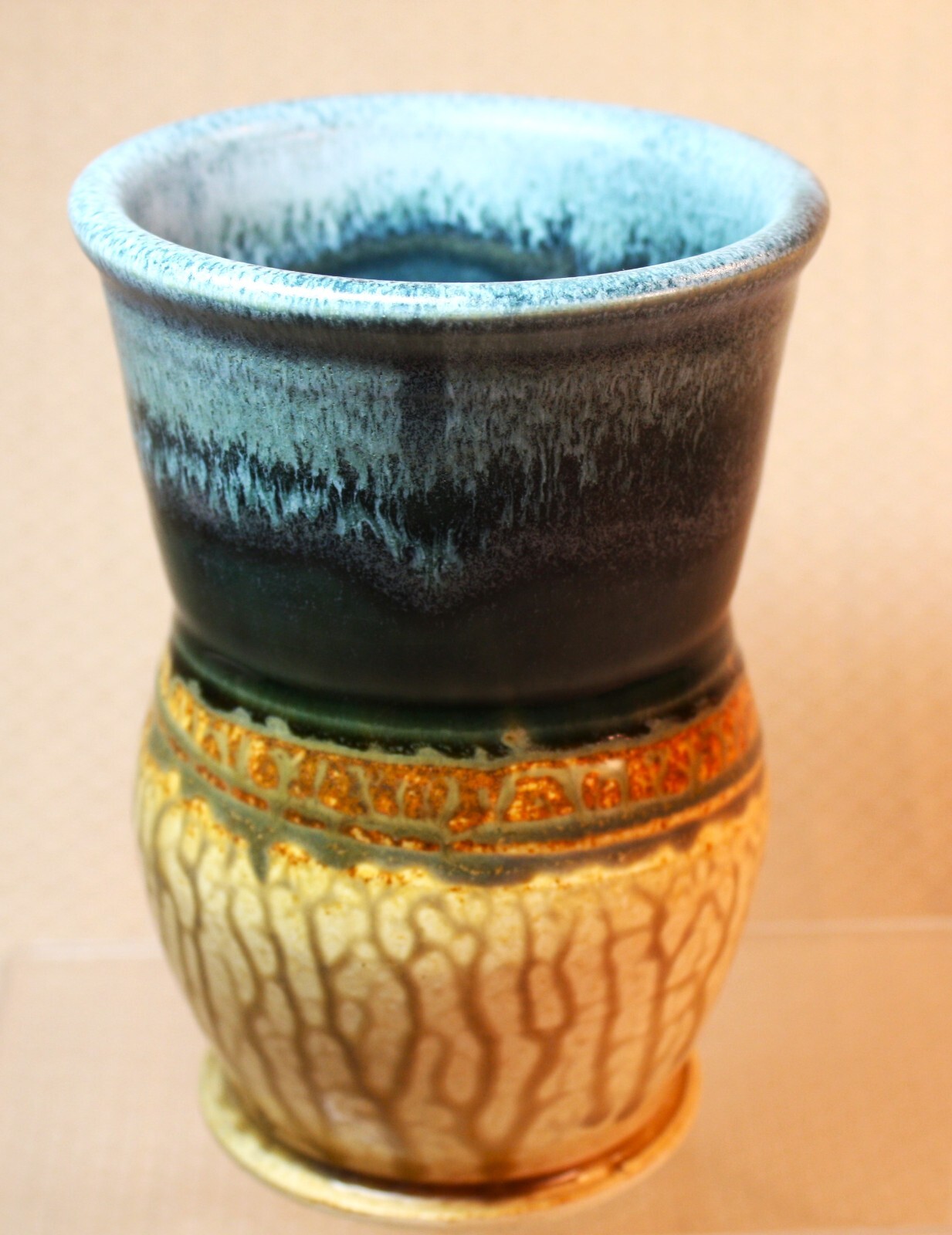 Signed Hand Thrown Pottery Mug Blue Gray Brown Tan Glossy Drip Glaze 5″ Tall