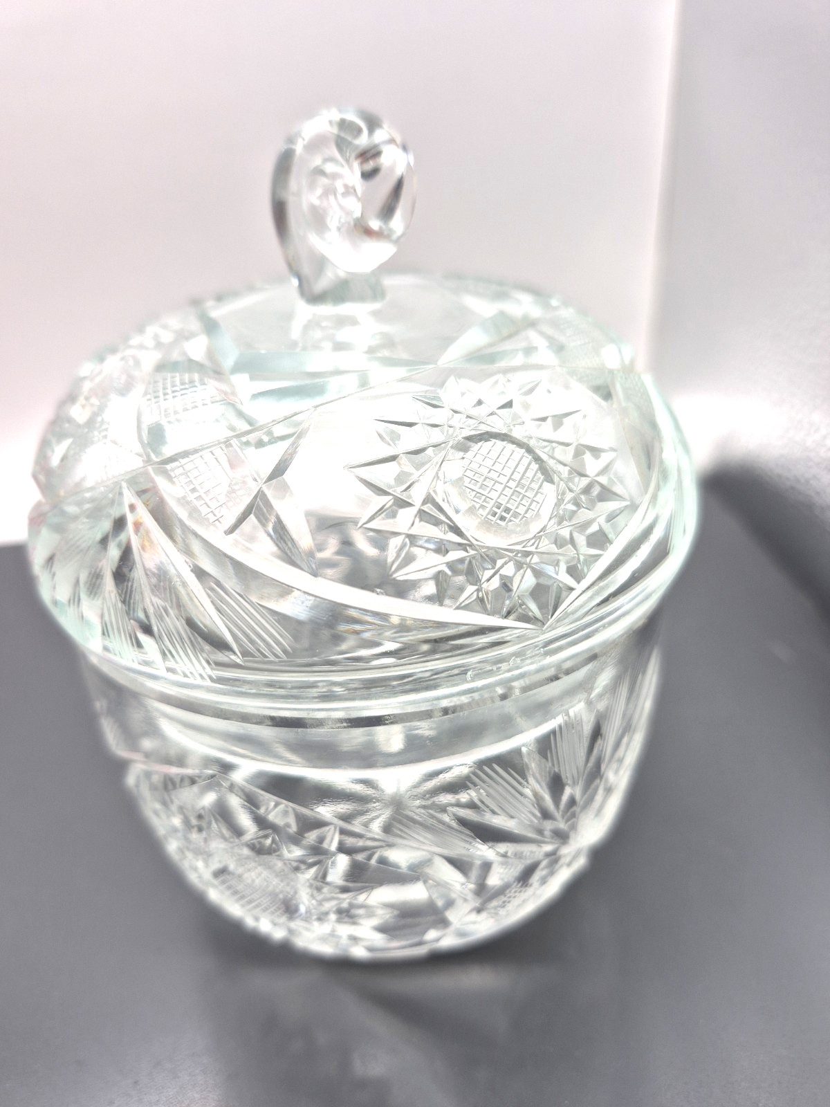 Vintage Clear Cut Lidded Candy Dish Starburst Pattern 6″ Tall EUC