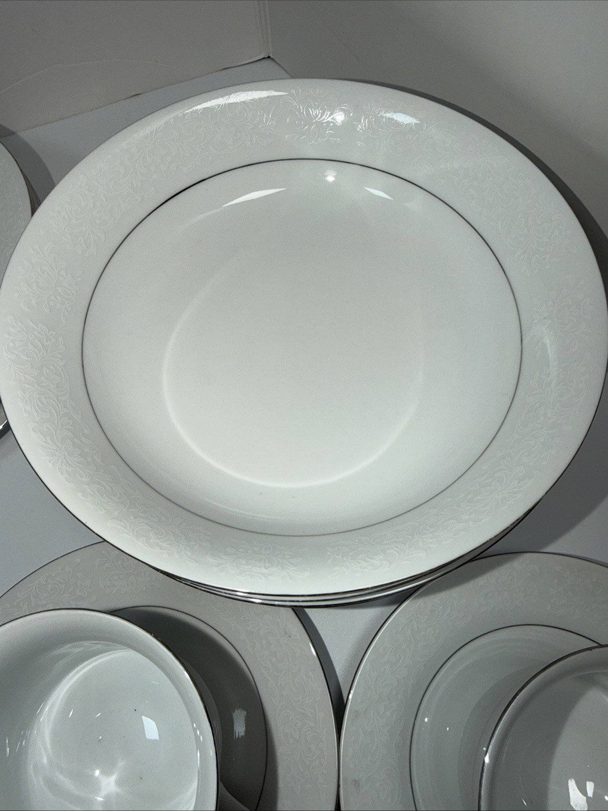 Fine China Set Of 30 Pieces White On White Floral Silver Trim Vintage