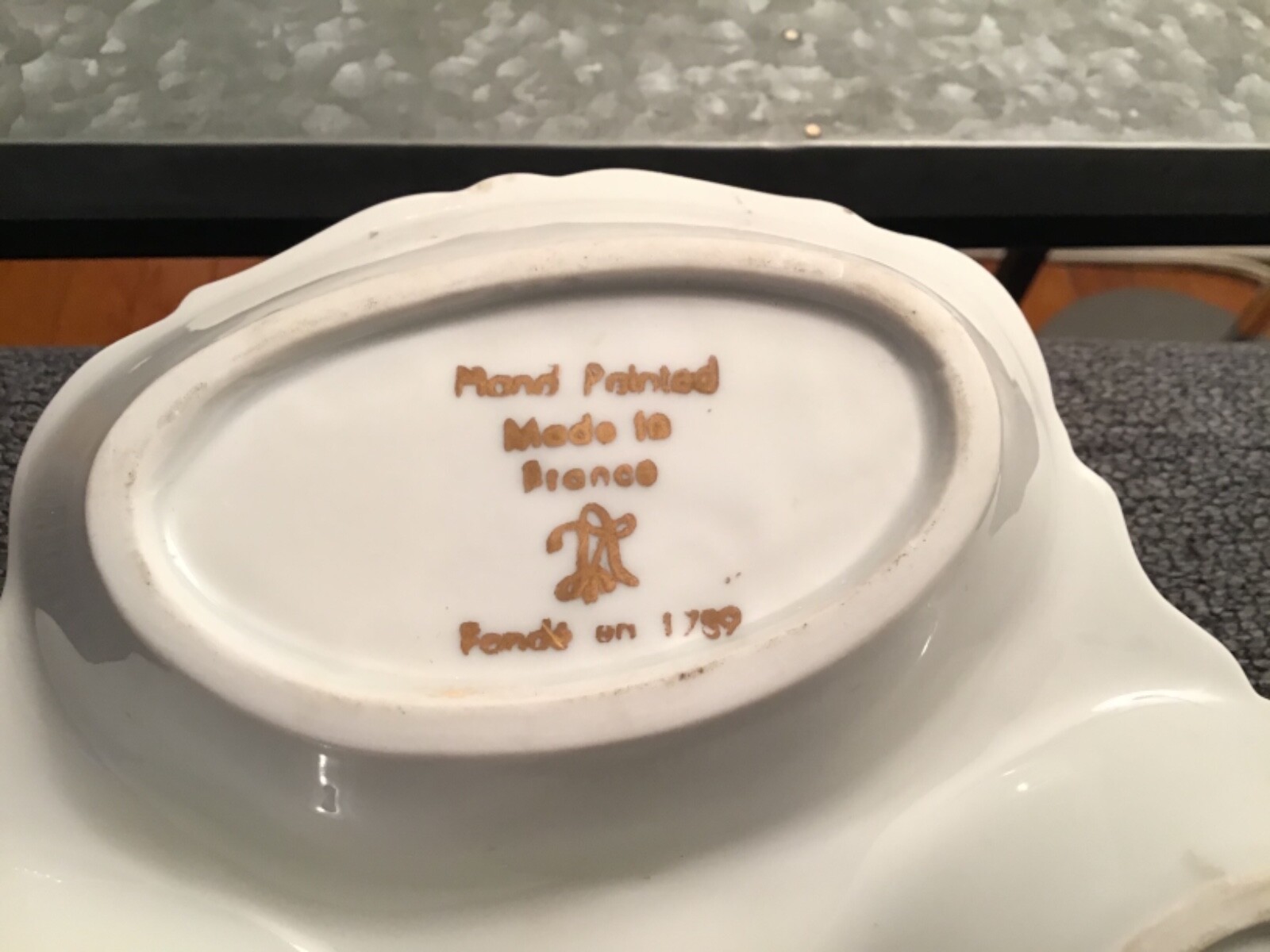 Vintage Fonde en 1789 Gold trim Porcelain Serving Dish Hand Painted in France