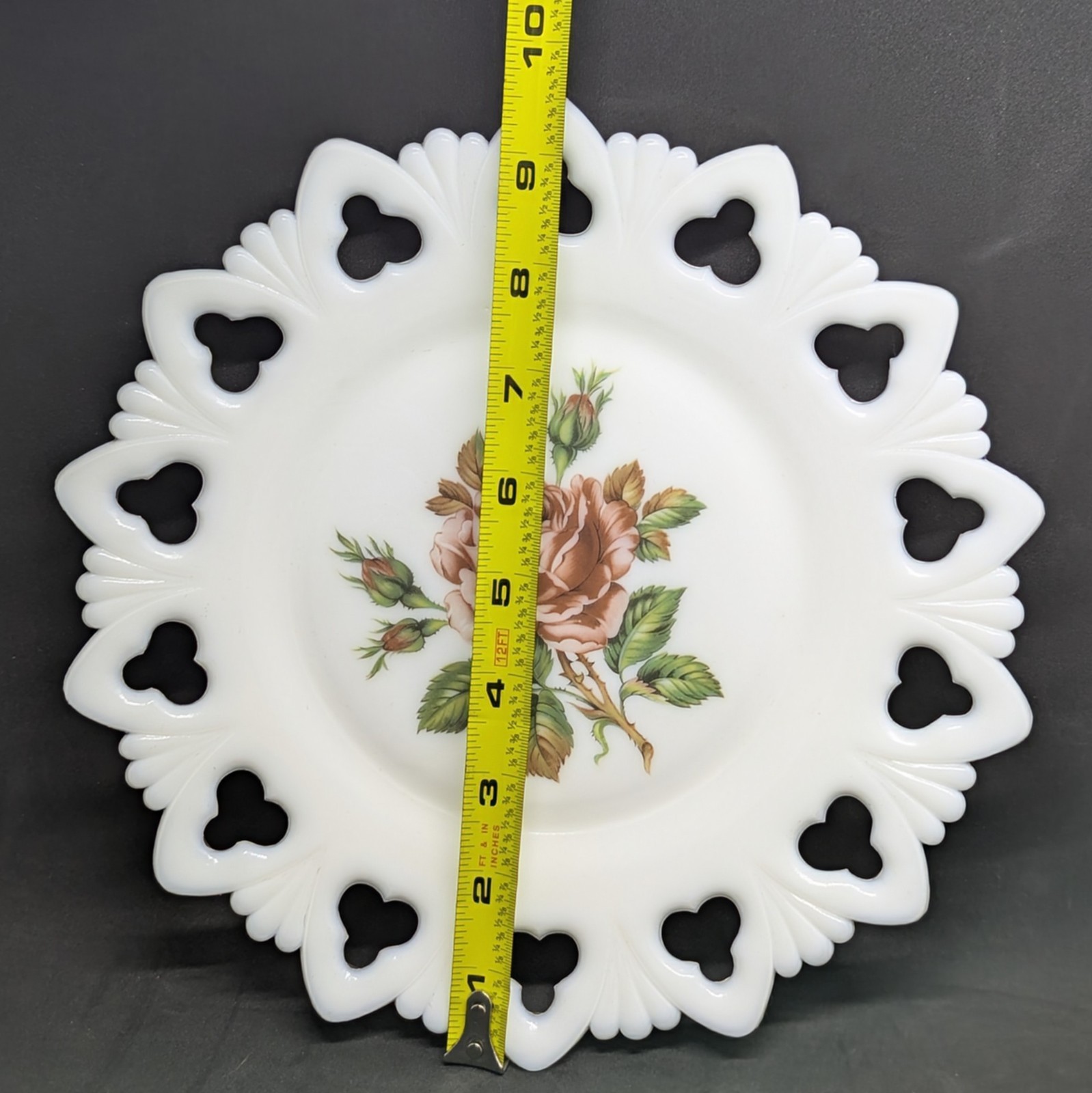 Vintage Laced Edge Milk Glass Plate Pierced Rose Flower Home Decor Dish Cottage