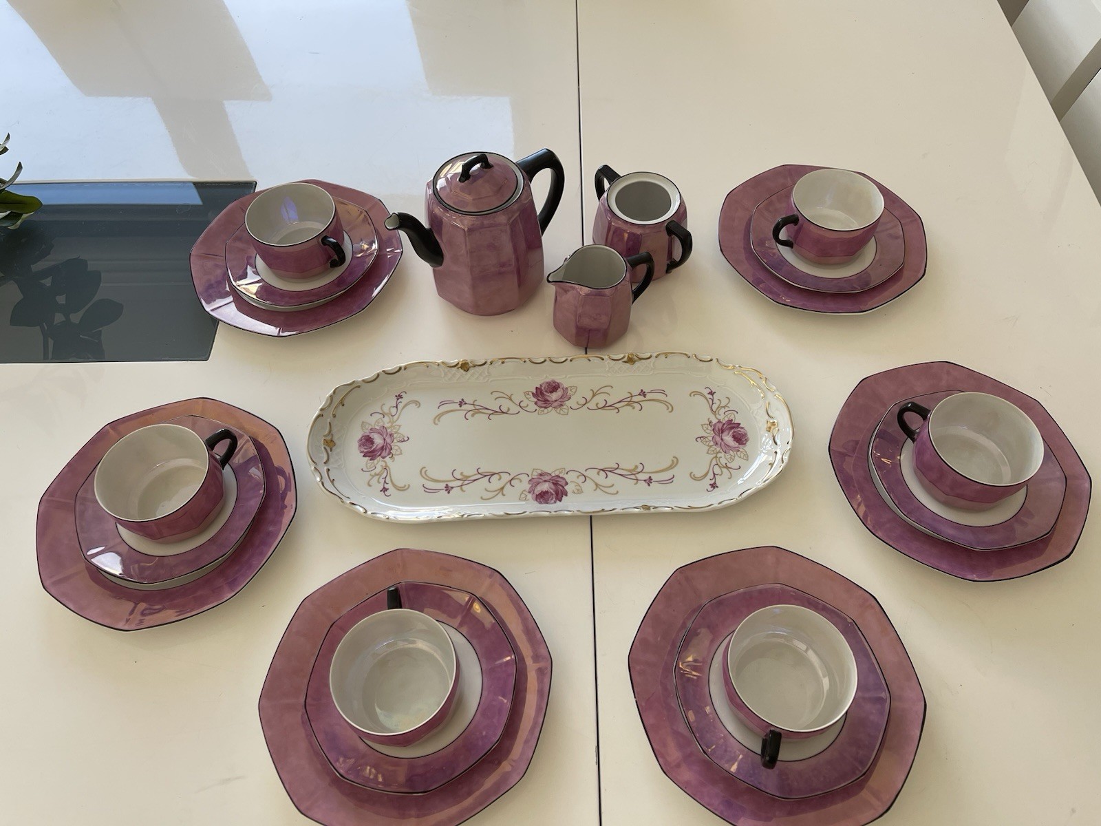 Weimar Porcelain Octagonal Shape 21Pc Mocca Set , Violet-See Details