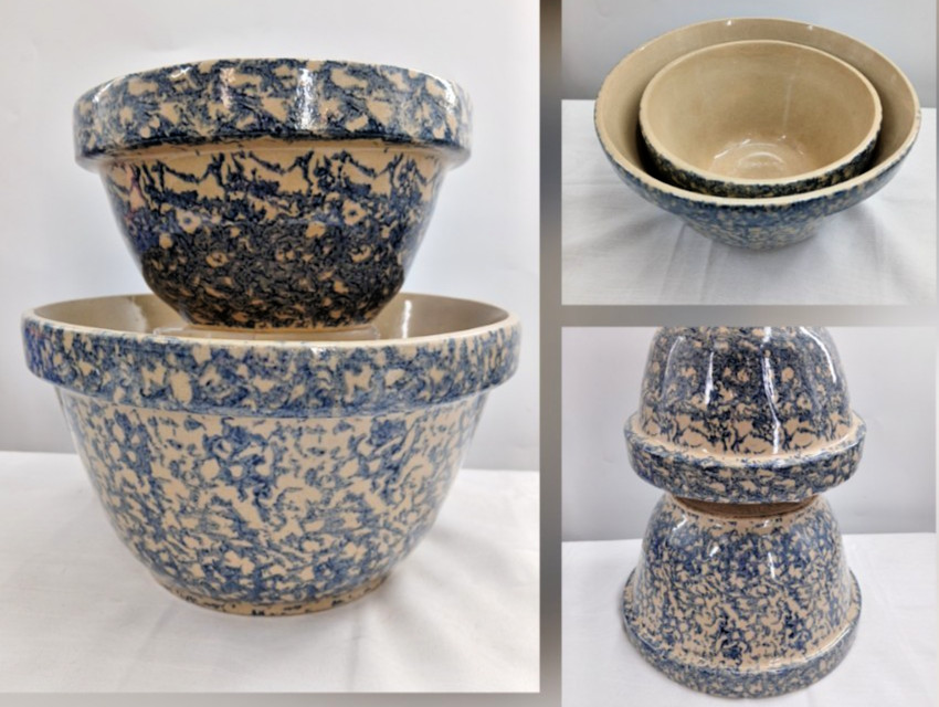 Vintage Robinson Ransbottom Pottery Blue Spongeware Nesting Mixing Bowl Set 2
