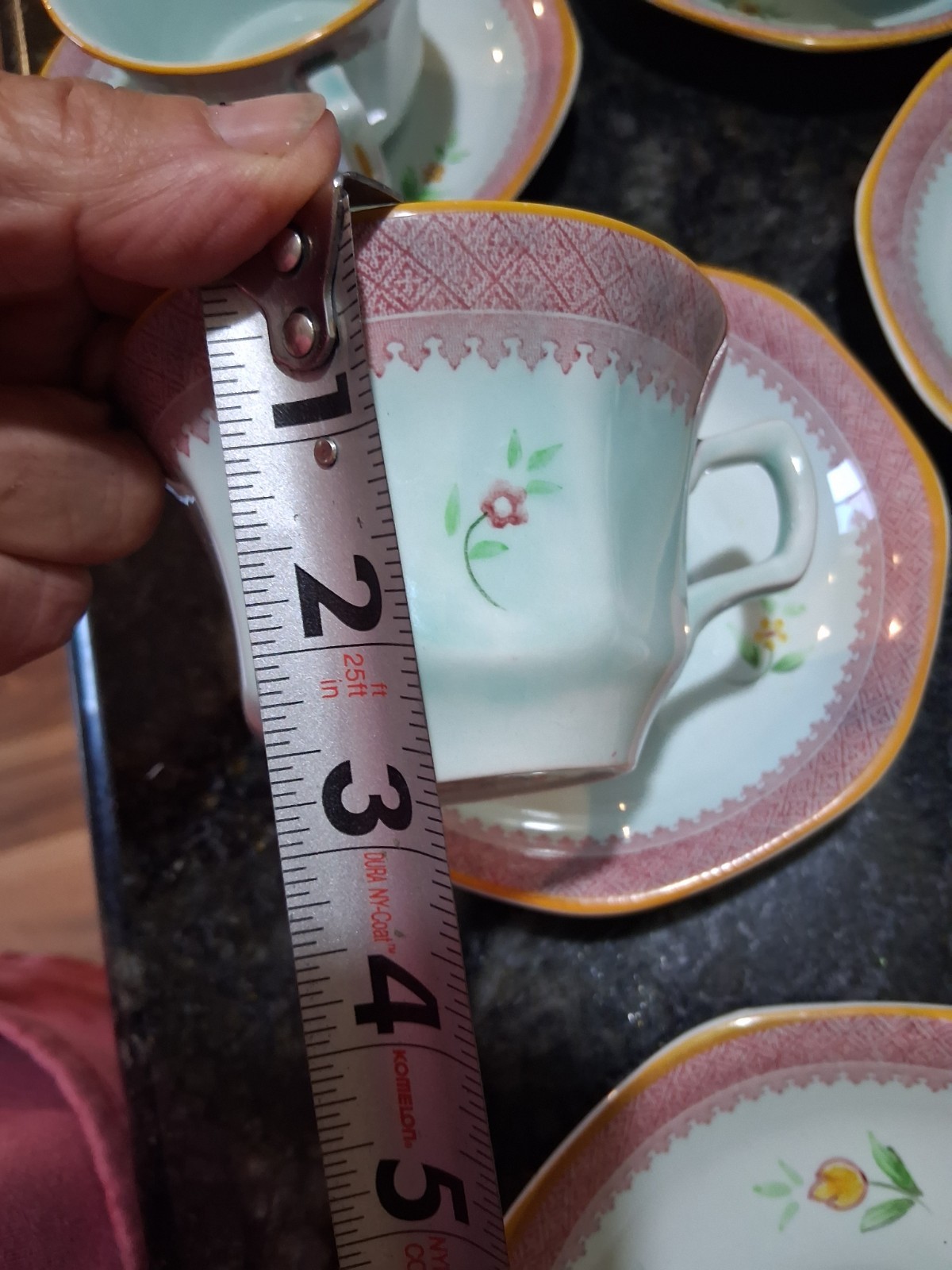 15pc Vntg Adams Calyx Ware Lowestoft Cup & Saucer Set Of 7 + 1 saucer, lt blue
