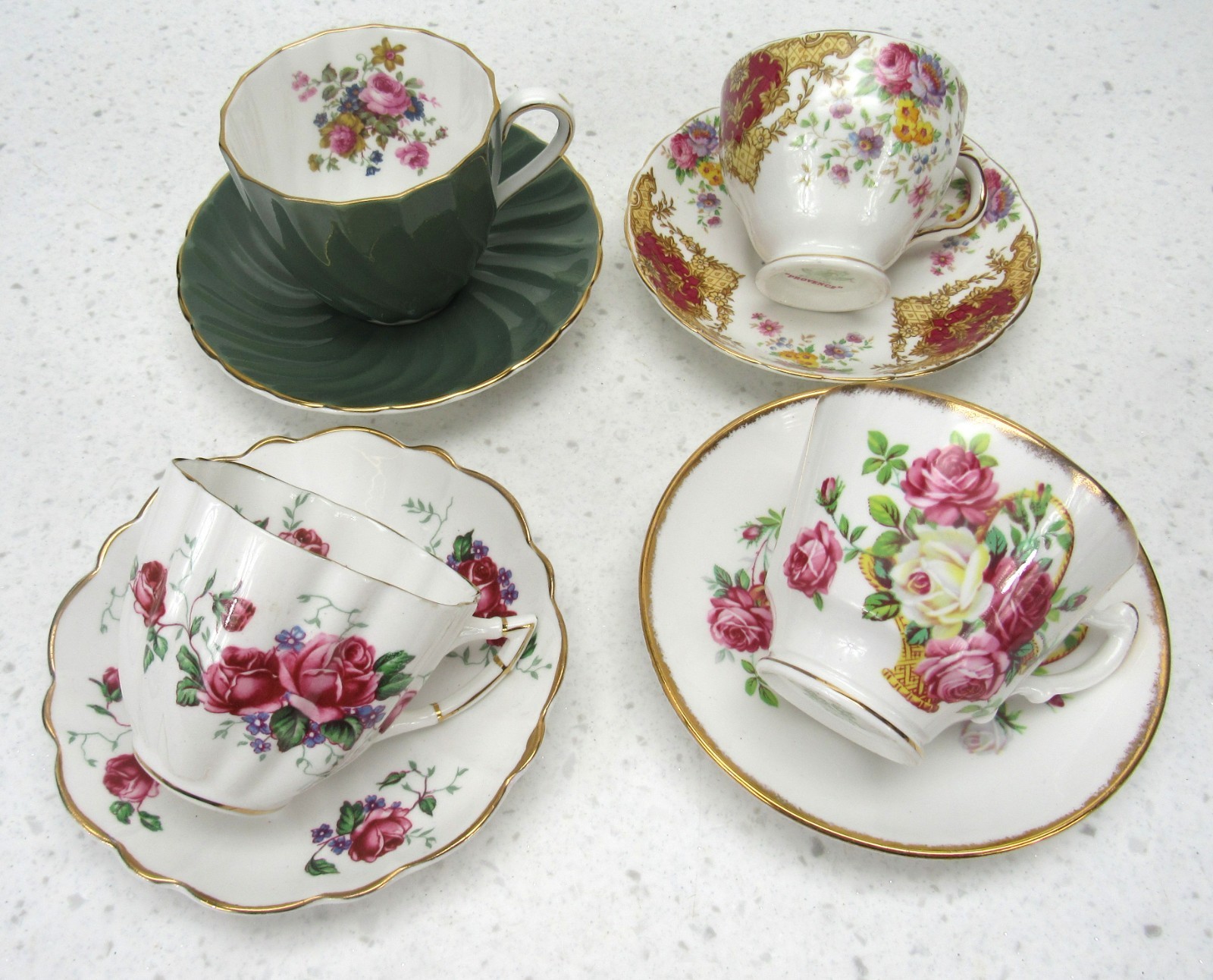 Vintage Lot of 4 Mixed Teacups Saucers Staffordshire Tuscan Victoria bone china