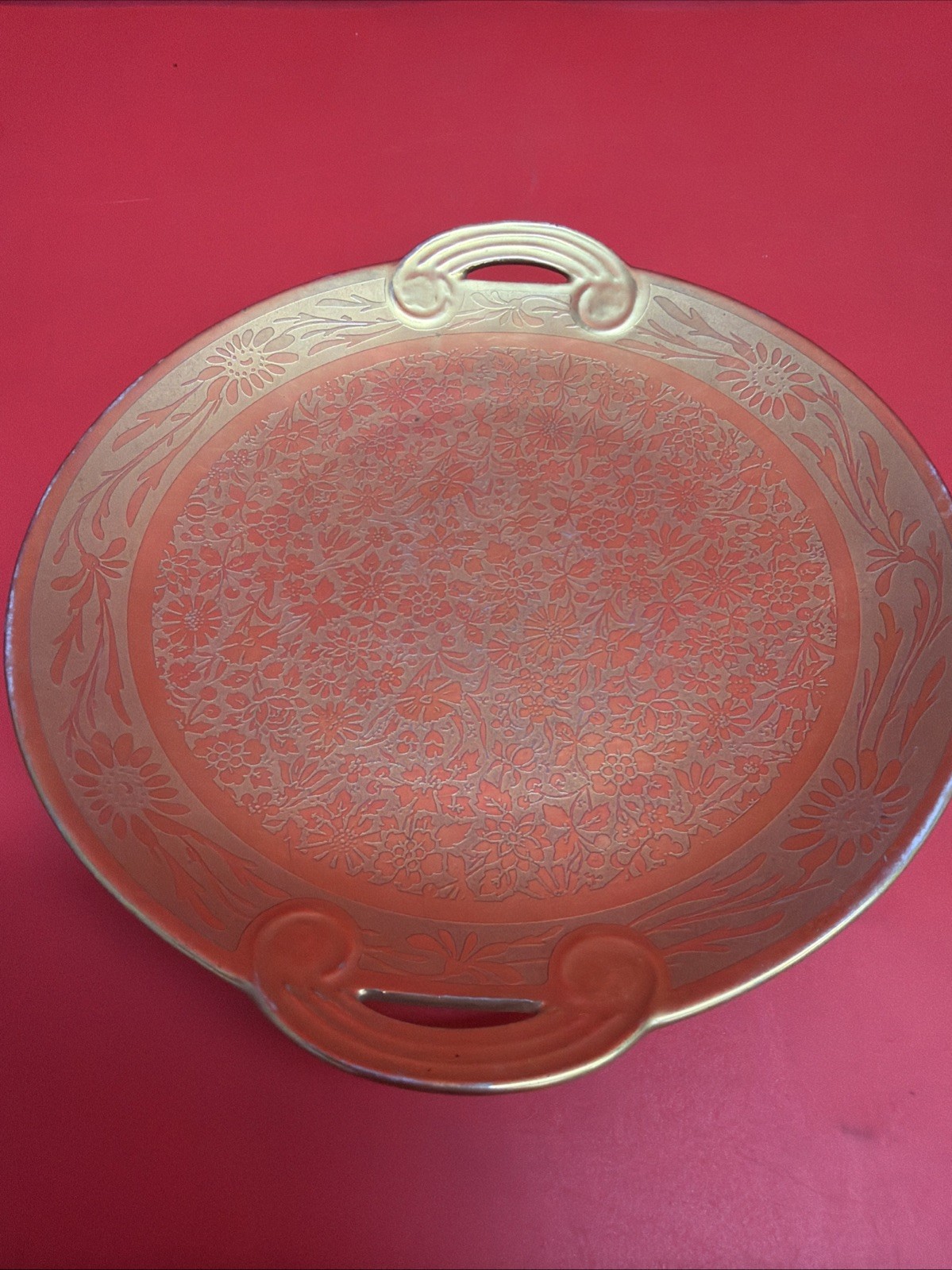 Vintage Gold Gilt Porcelain Handled Serving Plate Floral Etched 7.35” Round Tray