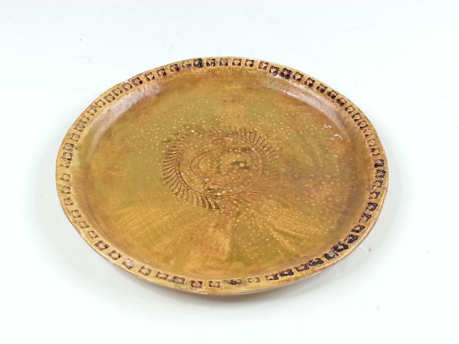 Art Pottery Round Tray Artisan Signed Sharmon 11.5 Inch Platter Om Sign