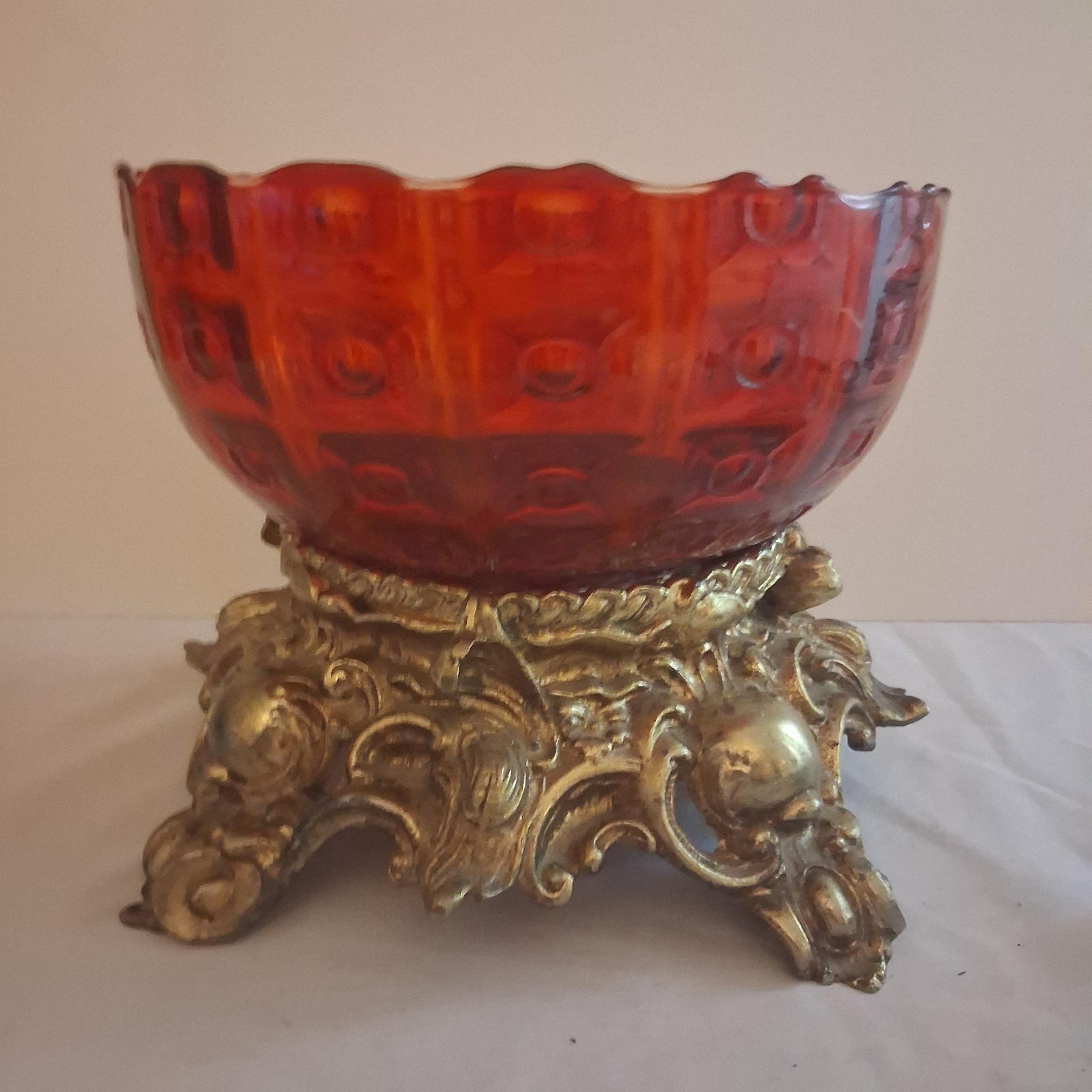 Antique Pitman Dreitzer Amber Glass Punch Bowl With Brass Stand 8″