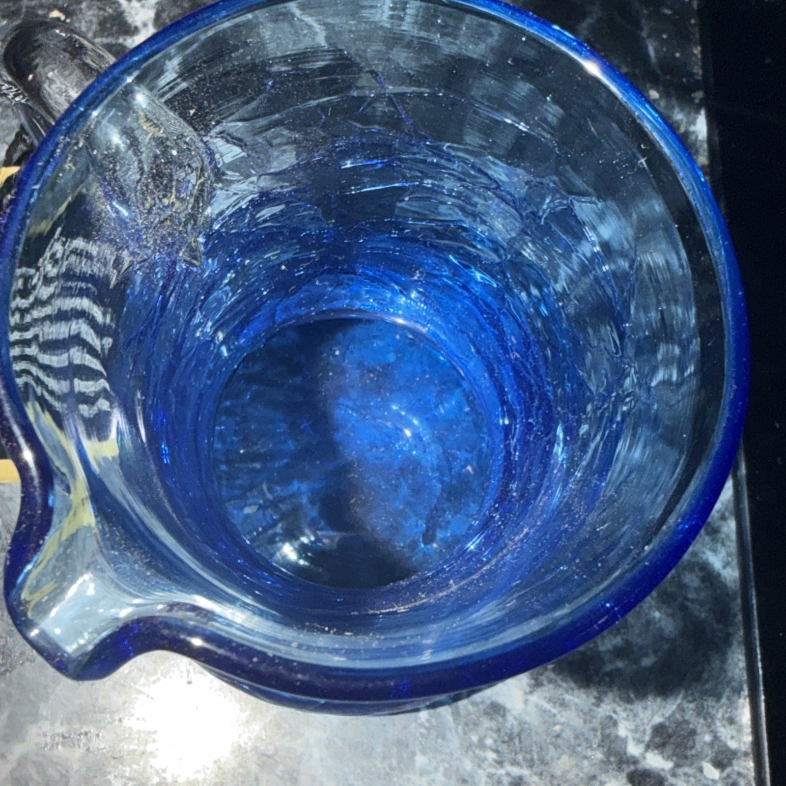 VTG Hand-Blown Cobalt Blue Crackle Glass Pitcher Creamer Applied Clear Handle