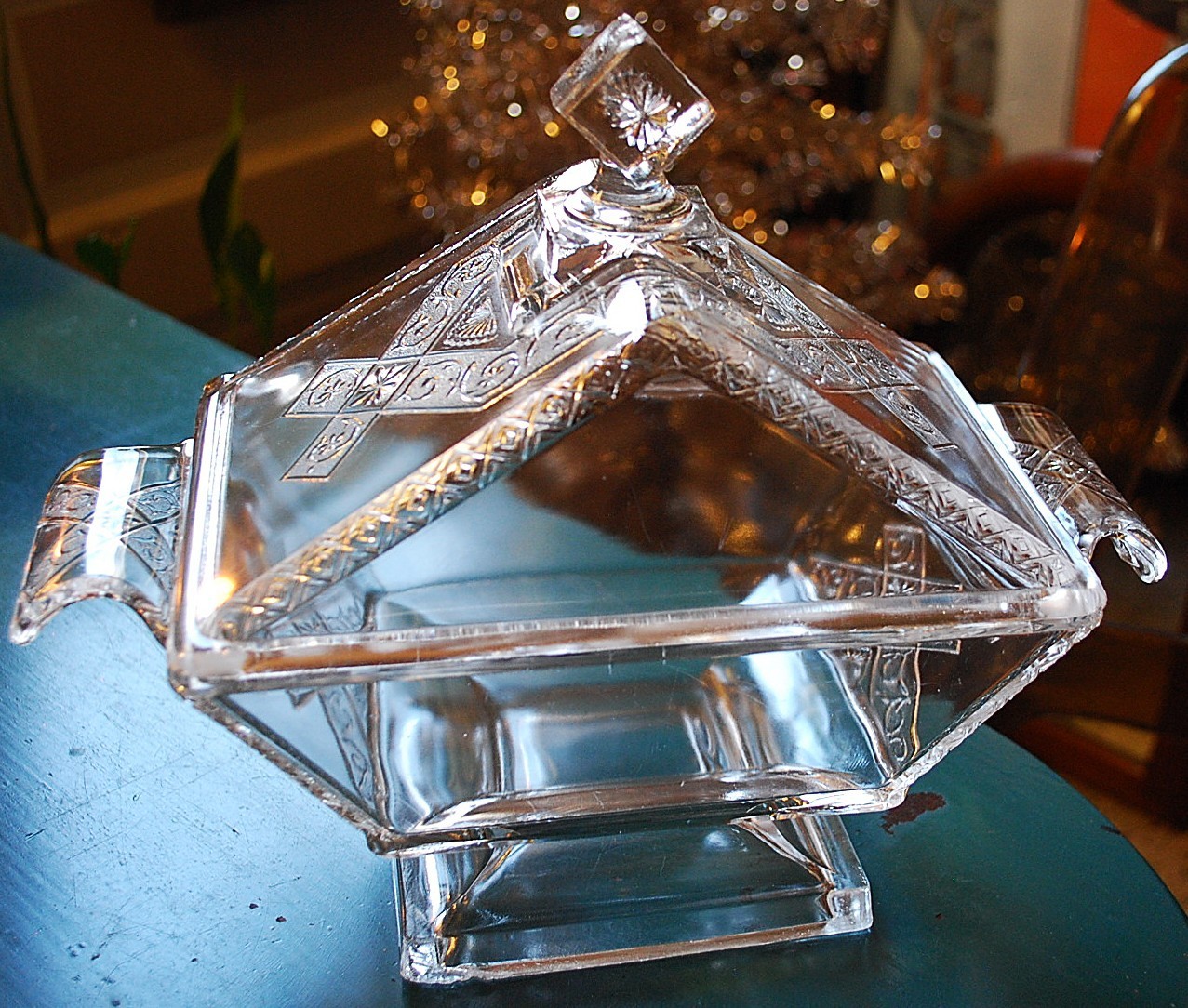 RARE Antique RIVERSIDE JERSEY LILY Pressed Glass FOOTED COMPOTE W LID 1883 10.5″