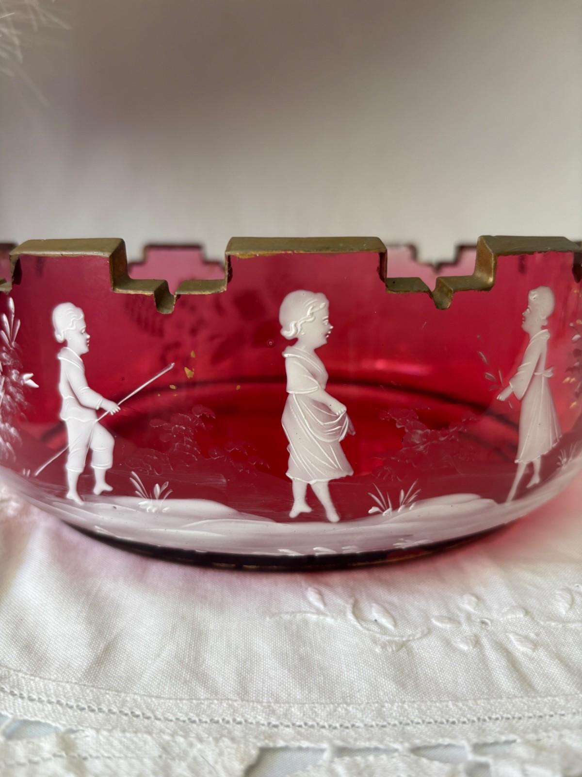 VTG Bohemian Ruby Red Bowl Ruby Flash Cut To Frosted Flower and Children Motif