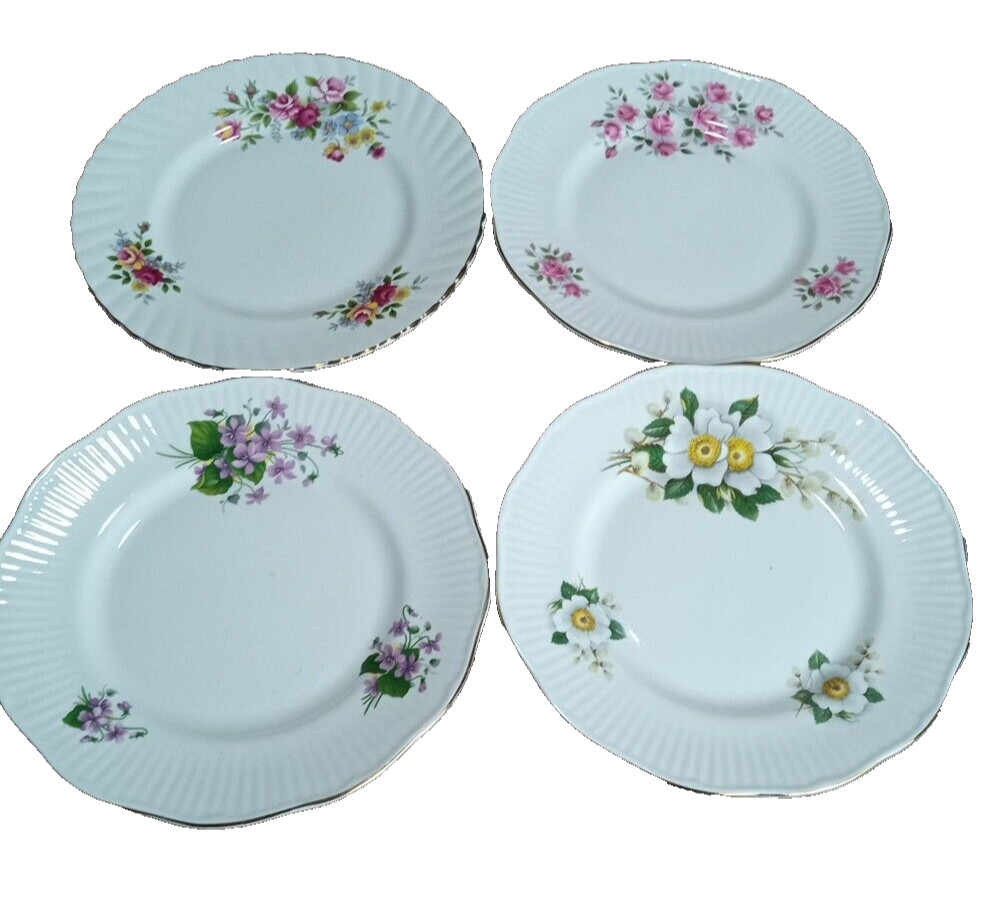 Royal Minster Bone China Gilt Rim Floral 8″ Dessert Vintage Mix Plates Set of 4
