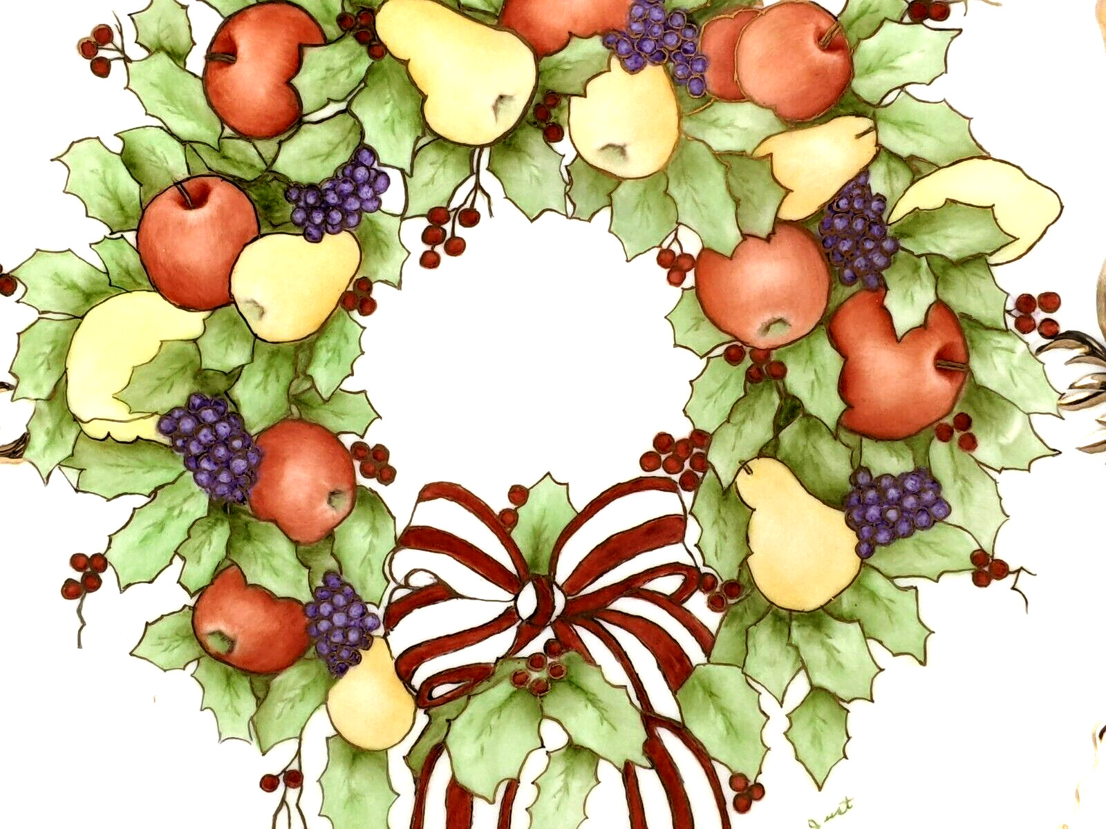 Hand Painted Ceramic Fruit Holly Berry Handled Platter Heavy Gold Trim Signed