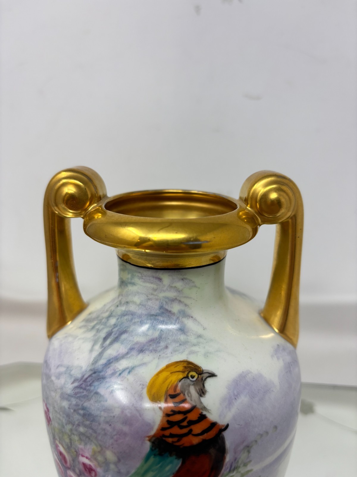 Antique Golden Accent Hand Painted Pheasant Pickard Vase E. Challinor Signed