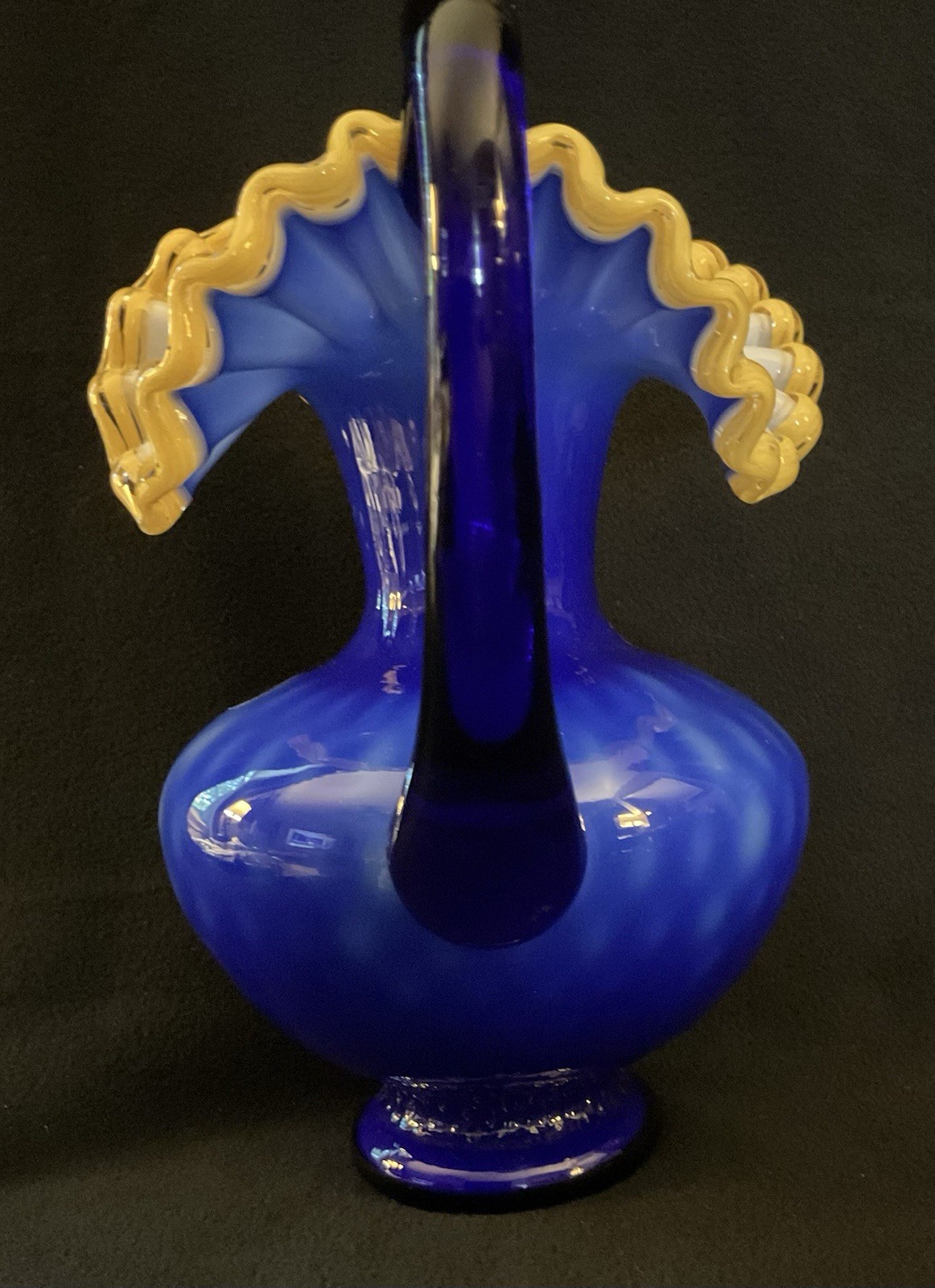 2 MCM Arte Murano Kristall Mery Cobalt Blue Pitcher W/Yellow Ruffled Rim 8.5
