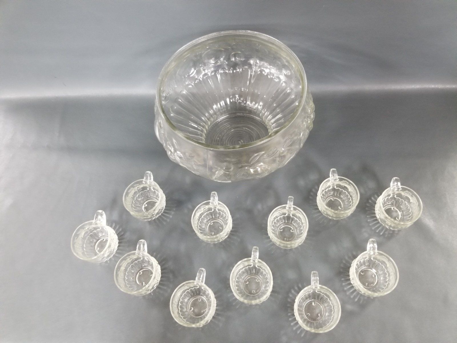 VTG 1950s Jeannette Glass Harvest Grape Punch Bowl + Cups Fruit in Original Box
