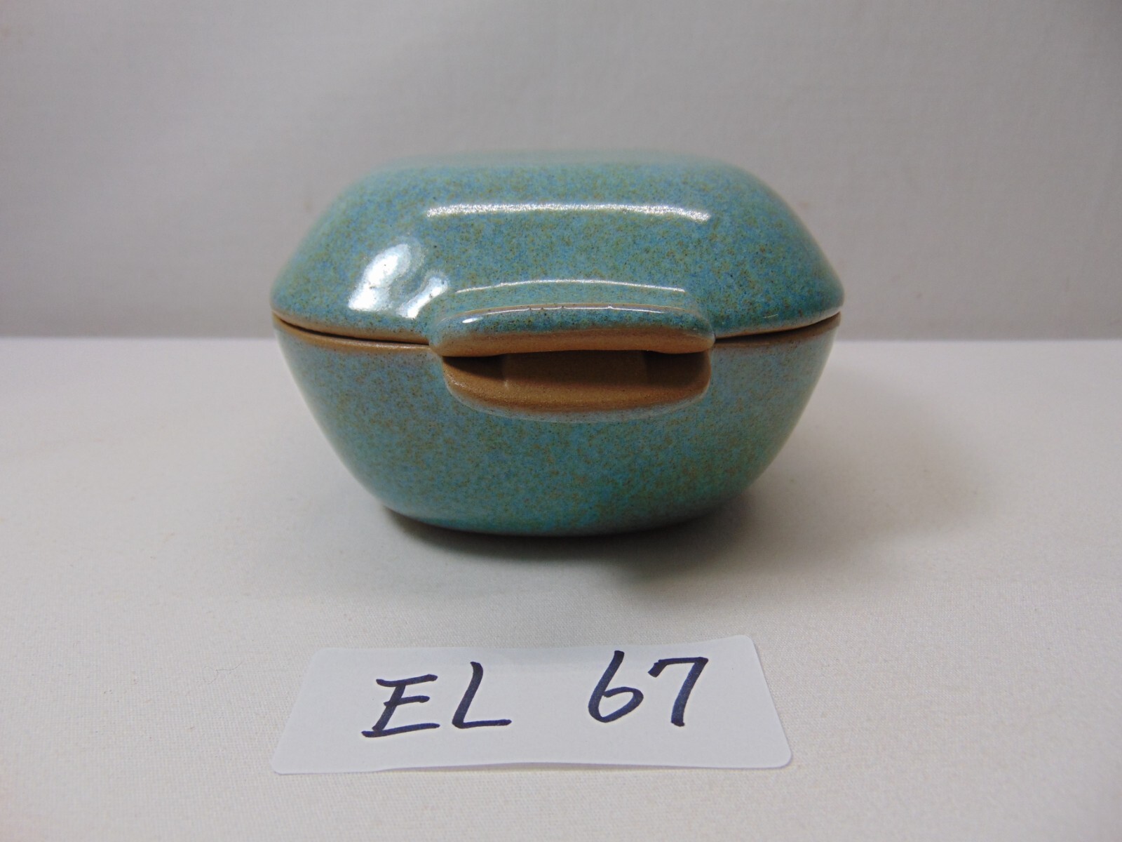 GLIDDEN POTTERY #167 RAMKIN DISH LID SIGNED SEAFOAM BLUE GREEN SPECKLED