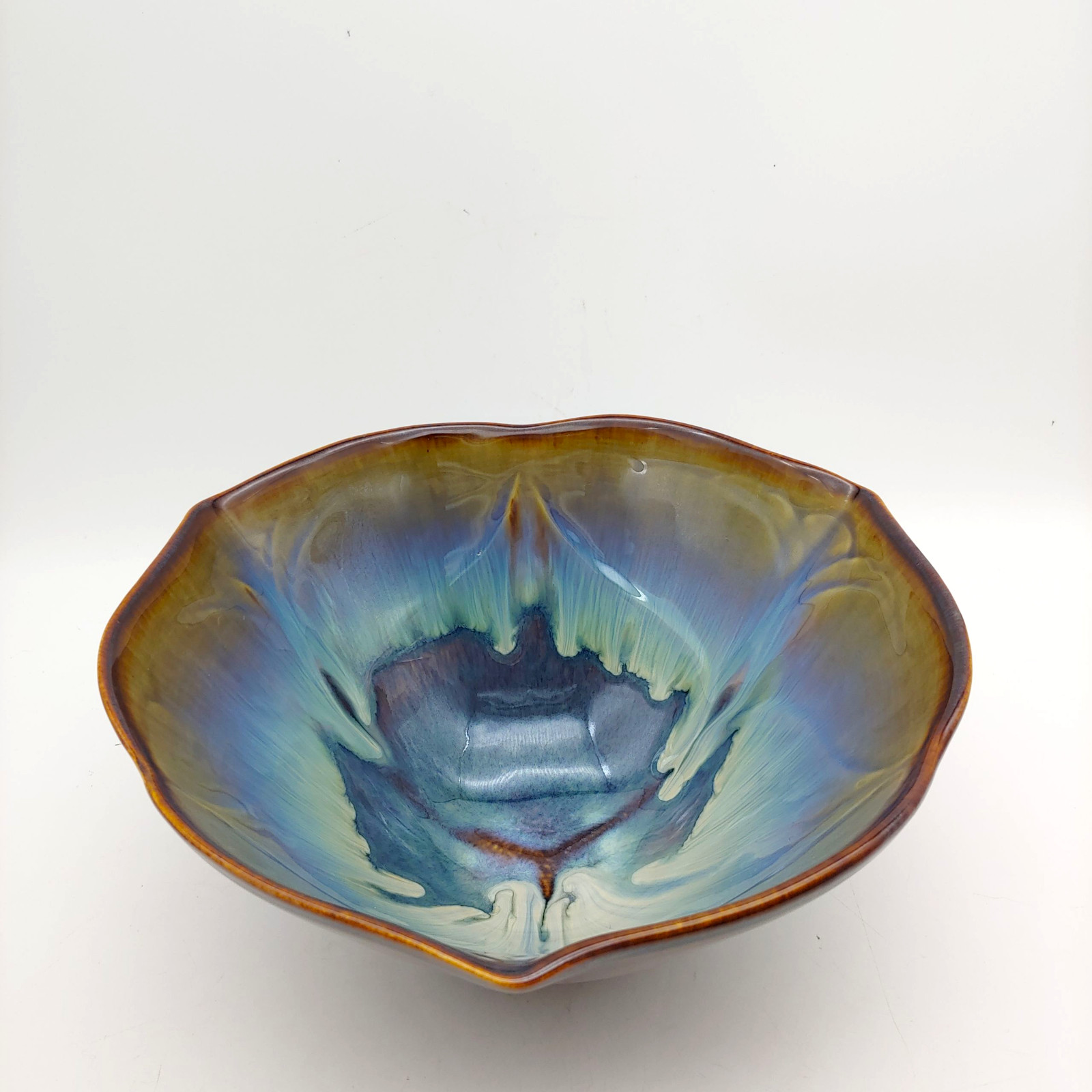 Bill Campbell Studio Pottery Lotus Bowl – 9″ Large Blue Brown Drip Glaze Signed