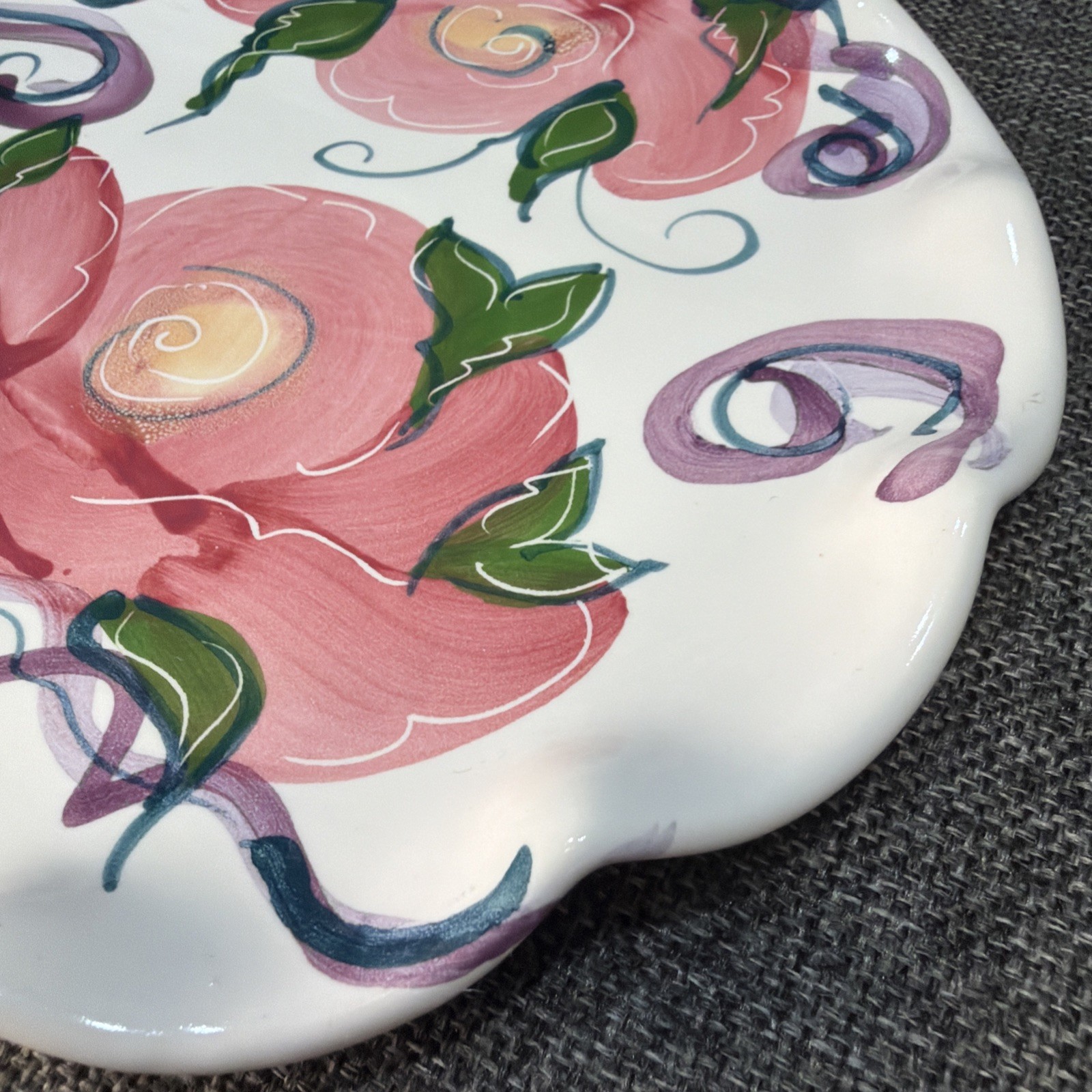 Jan Pugh Signed Triumph Treasure Pottery Plate Hand-Painted Floral Ruffled Edge