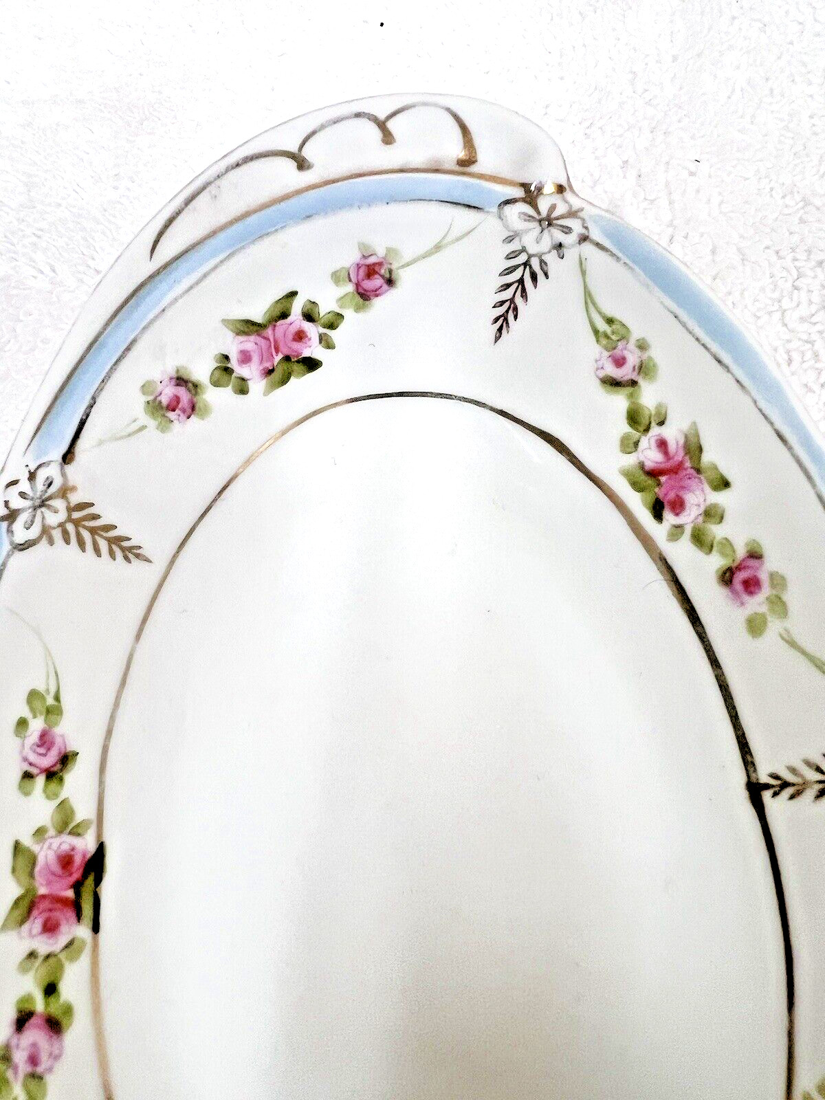 Antique Nippon Hand Painted Pink Rose Garland Oval Bowl Tab Handles Gold Details