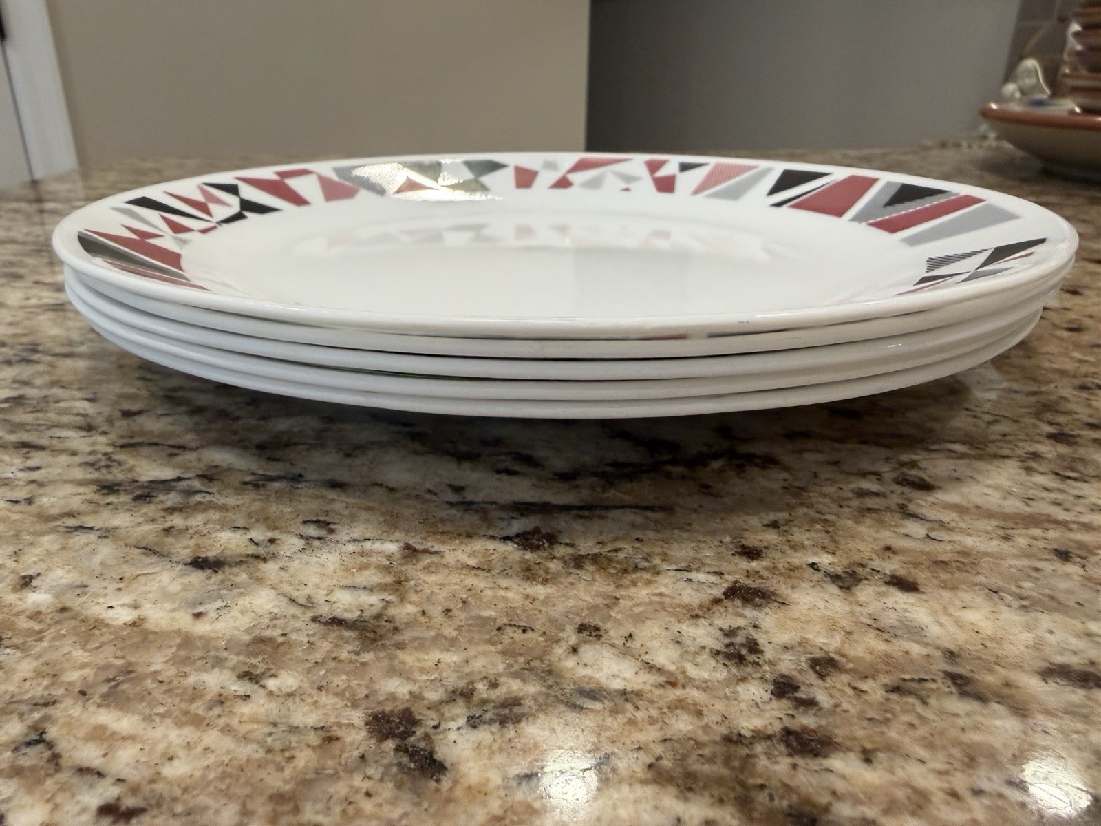 Corelle MOSAIC RED Set of 5 Dinner Plates White w/ Red & Black Geometric 10.25”
