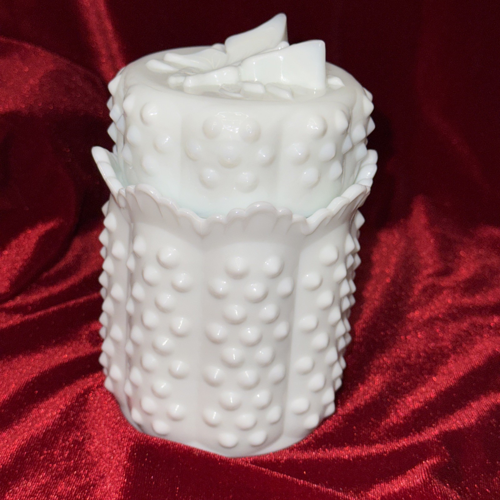 Vintage 6” Fenton 1970s Milk Glass Hobnail Jar Butterfly Lid Scalloped Edge