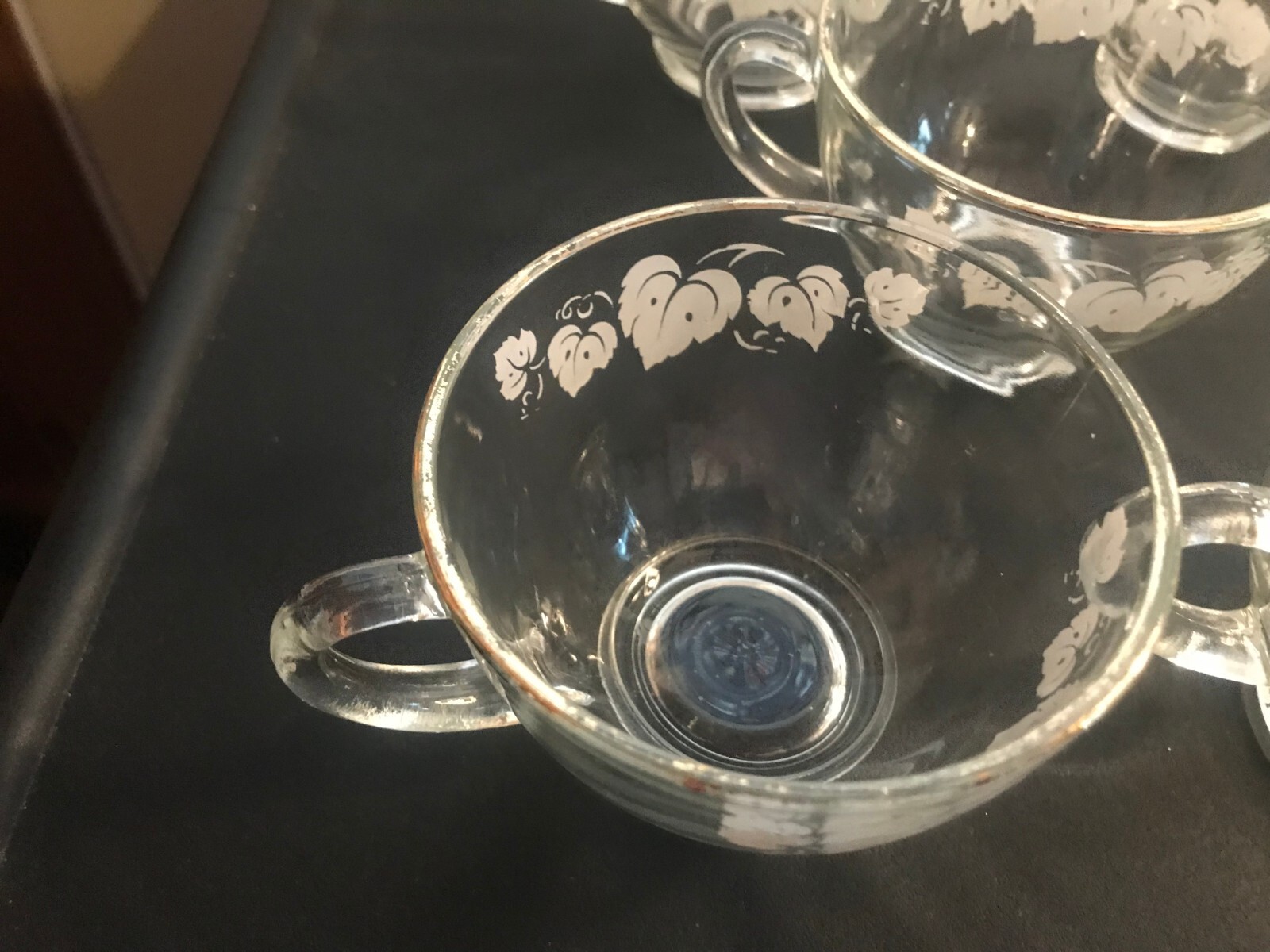 Vintage Glass Gooseberries Print Punch Bowl Set White Leaves with Gold Rim