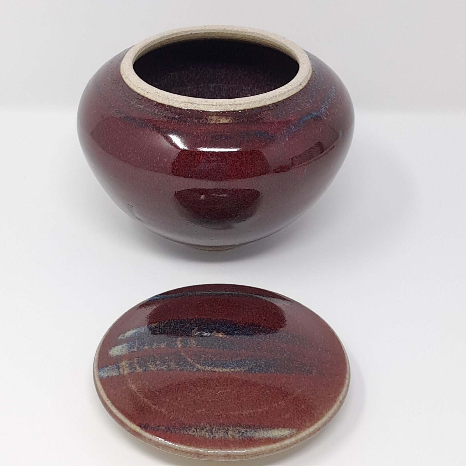 Stoneware Pottery Jar w/ Lid onion shape Deep Red w/ Blue signed