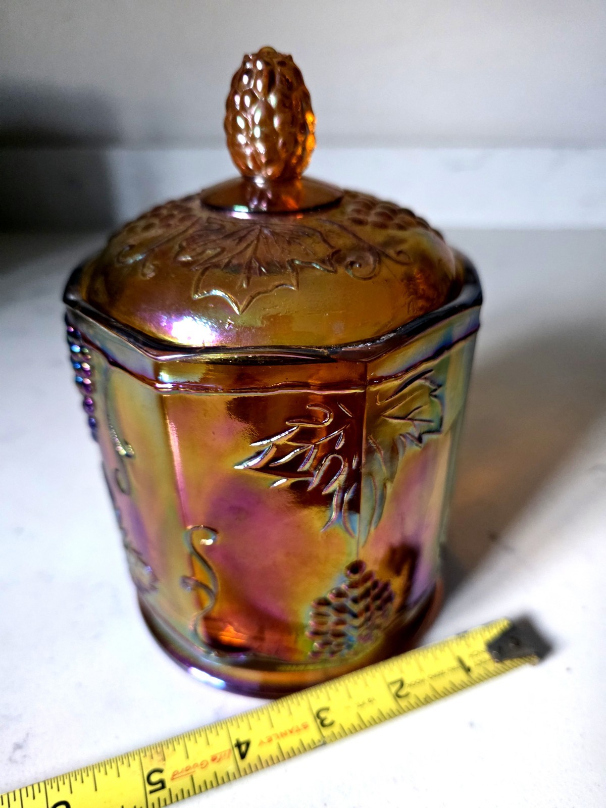 Vtg Indiana Carnival Glass Marigold Iridescent Harvest Grape Candy Jar w/ Lid