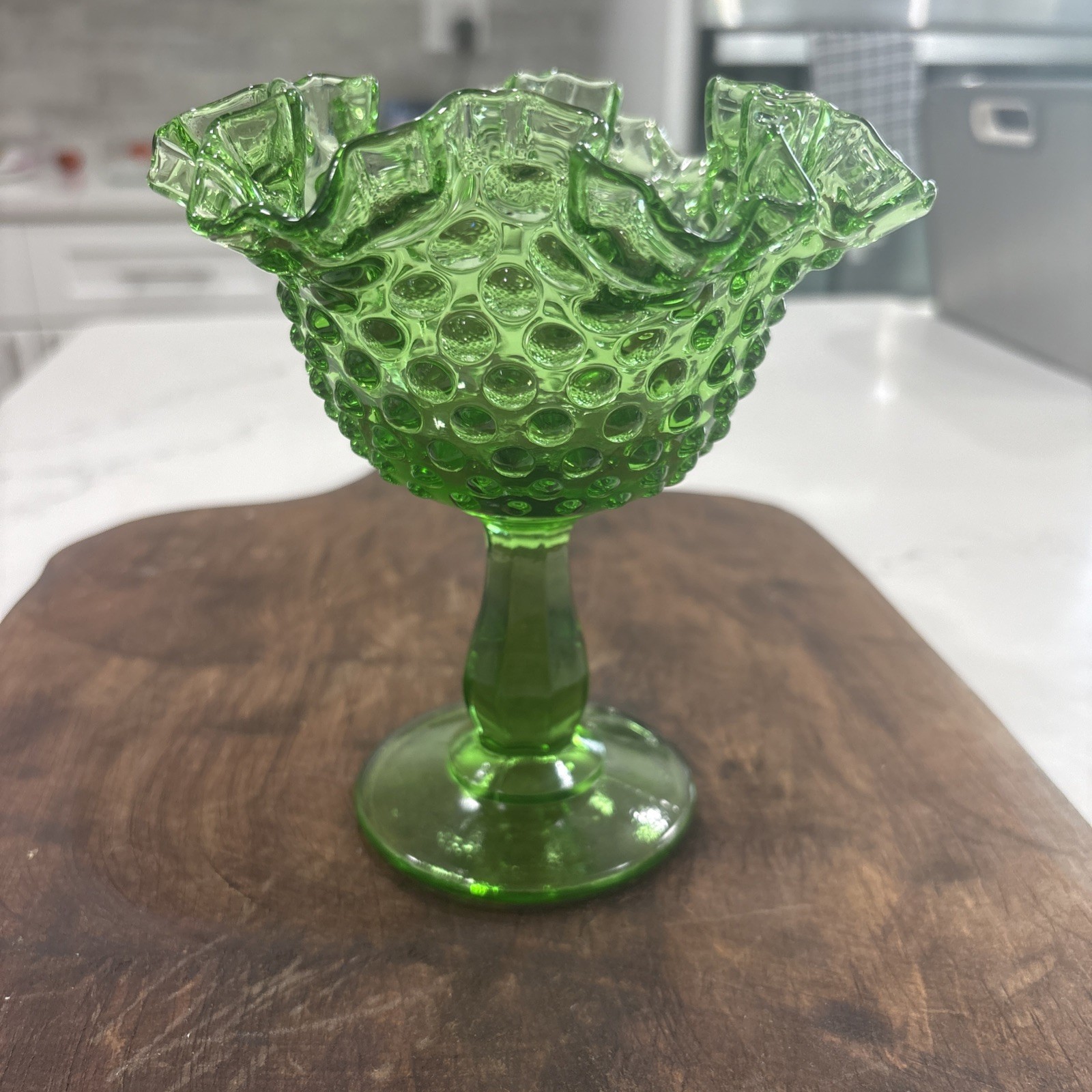 Fenton Green Hobnail Art Glass Pedestal Compote Bowl Glossy Decorative Round