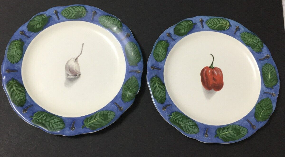 Gien plates, poivre et sel, blue , garlic & sweet pepper salad plates 8.75 in.
