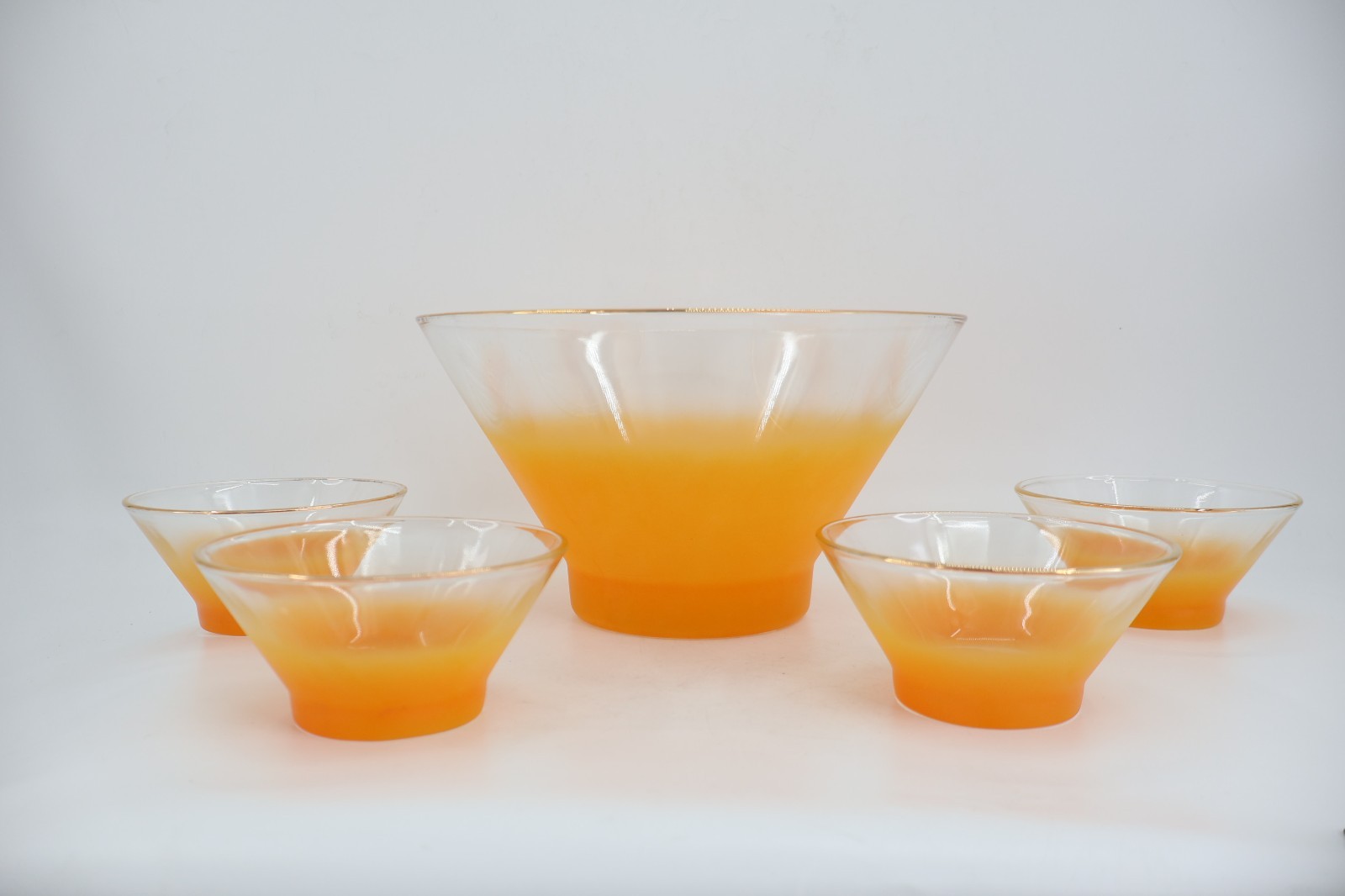 Blendo Frosted Ombre Frosted Glass Gold Trim Serving Bowl & 4 Small Bowls USA