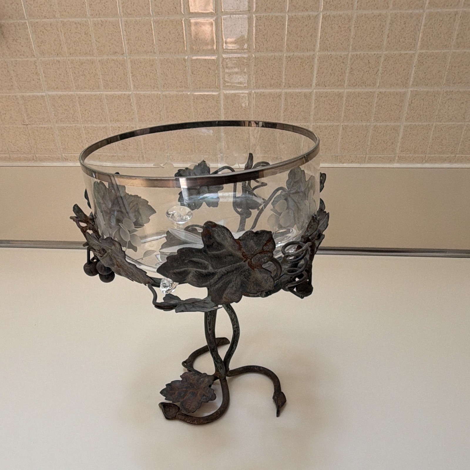 Clear Glass Floral Etched Compote Pedestal Bowl w/ Black Metal Leaf Vine Stand