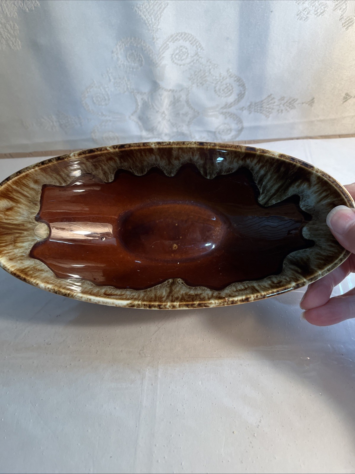 Vintage Brown Drip Glaze Pottery Oval Bowl