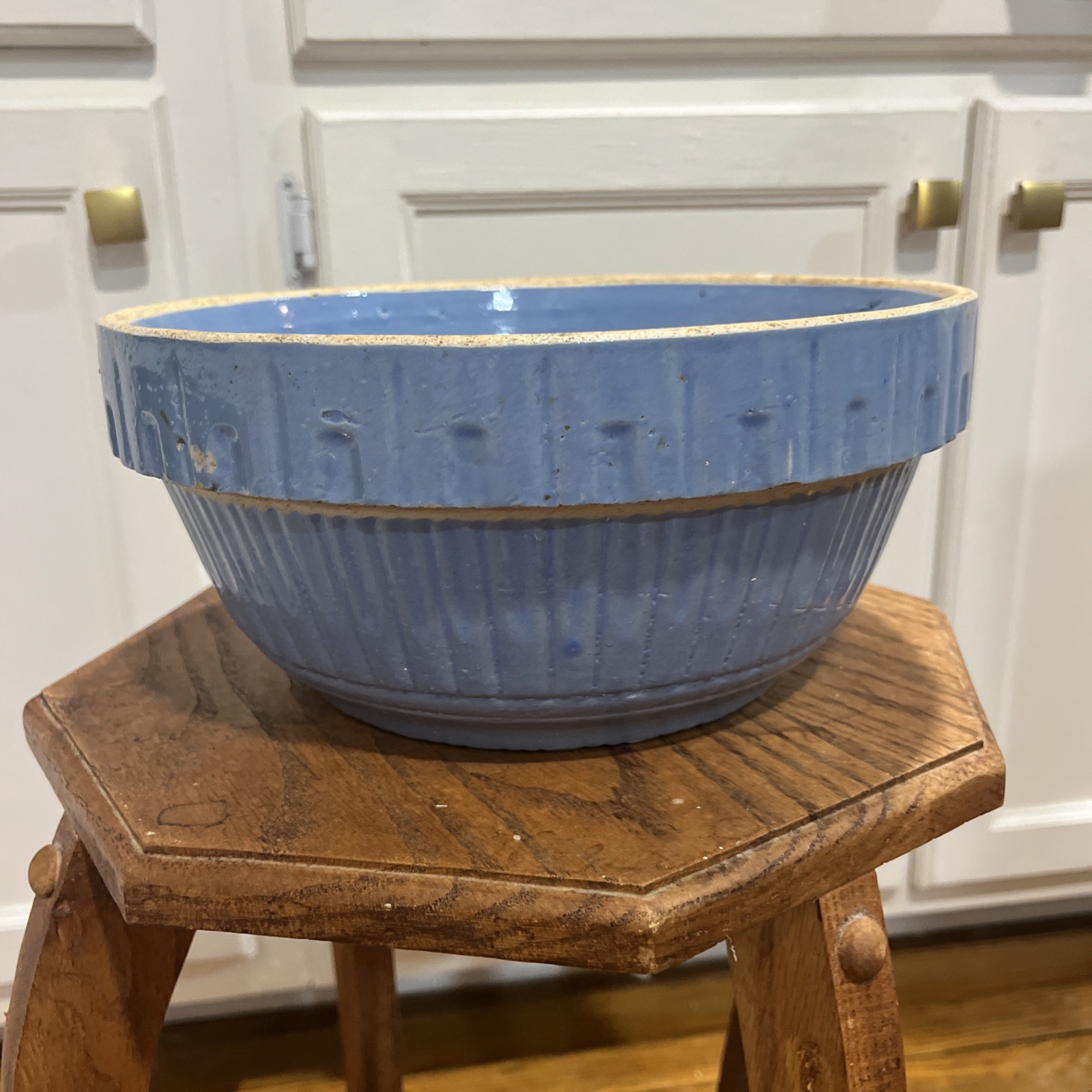 Antique Blue Stoneware X Radium Mix Bowl Impressed Patented Nov. 1, 1904 10.25”