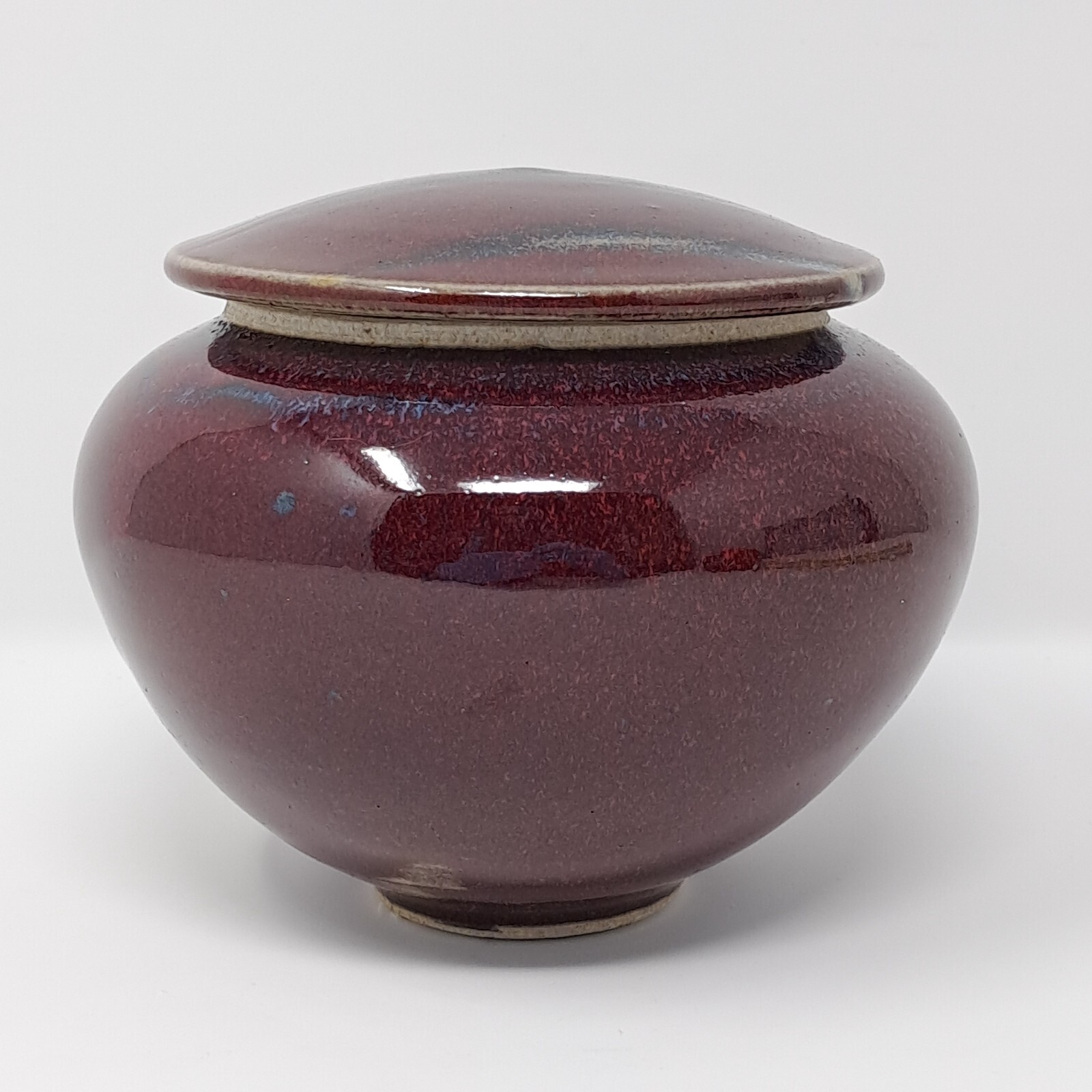 Stoneware Pottery Jar w/ Lid onion shape Deep Red w/ Blue signed