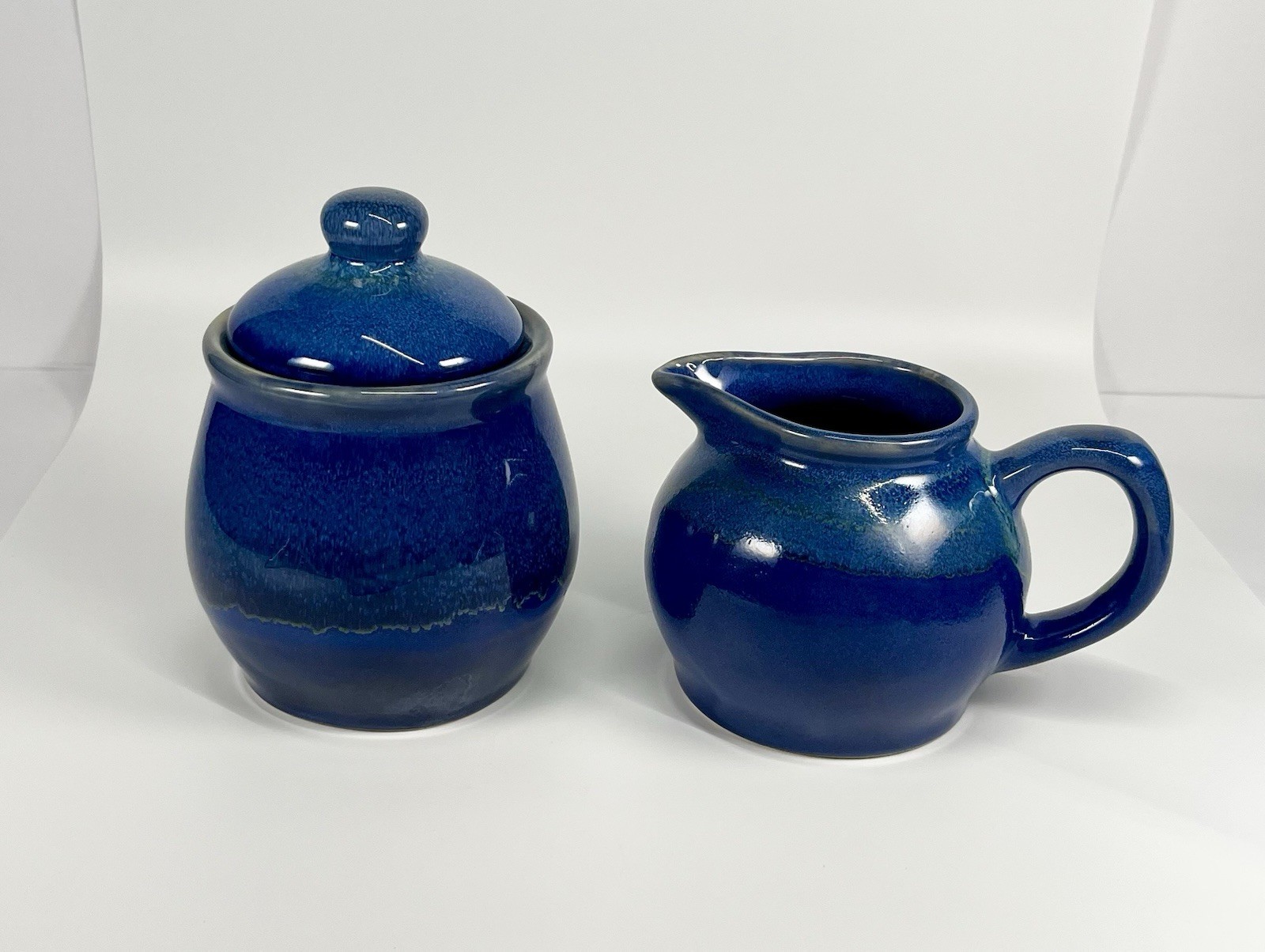 Handcrafted Stoneware Pottery Creamer And Lidded Sugar Bowl Set Blue Glaze EUC