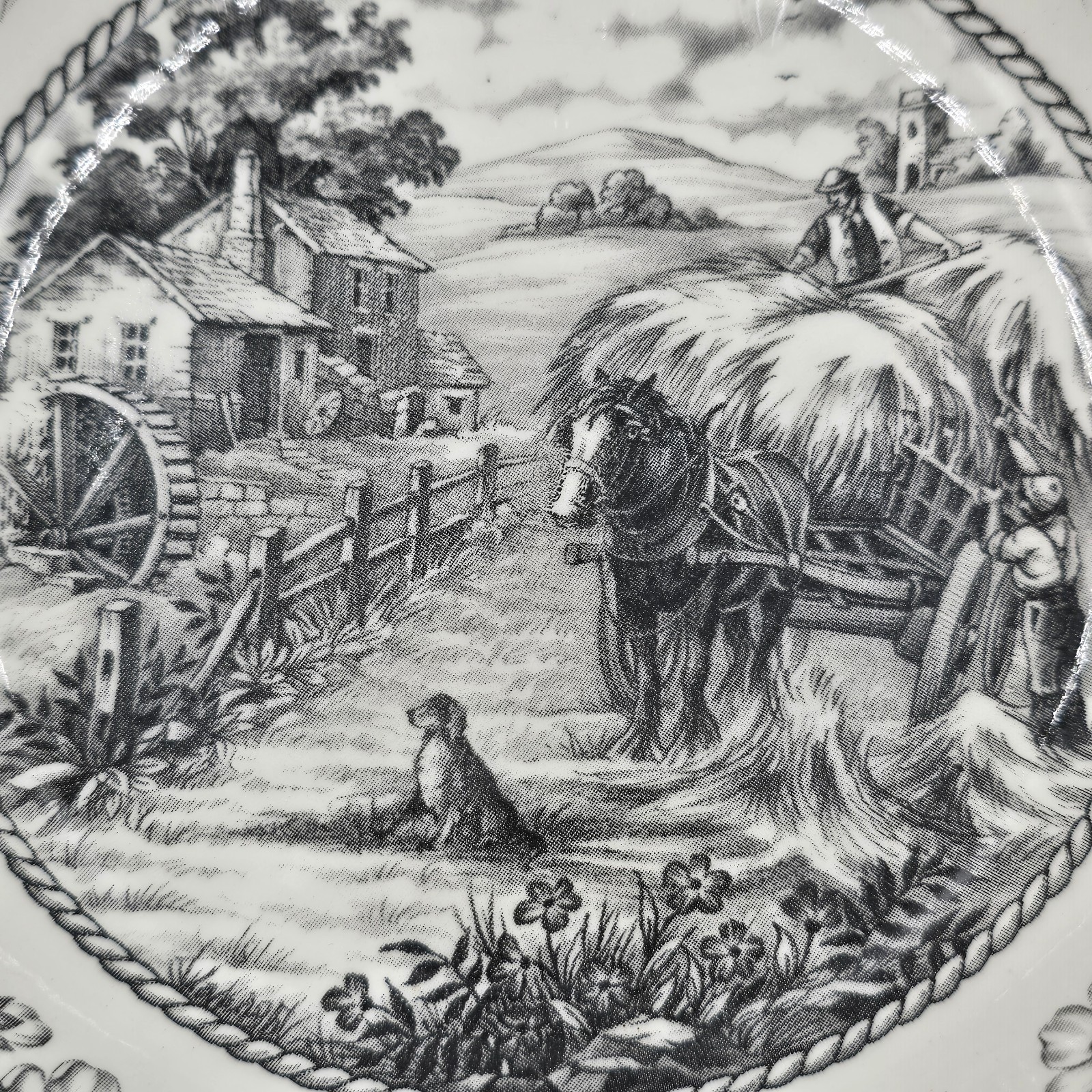 Royal Stafford Black White Transferware Bowl Harvest Scene Made in England 6.5in